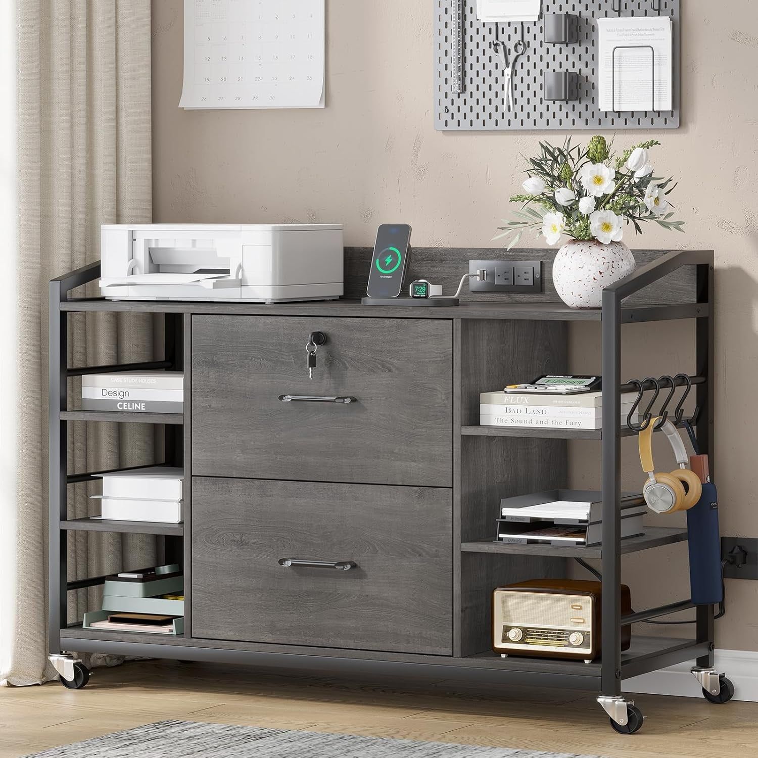 44&quot; File Cabinet, Filing Cabinet Fits Legal/Letter Size, 2 Drawer File Cabinets for Home Office with Lock, Power Strip, 6 Storage Shelves, Grey
