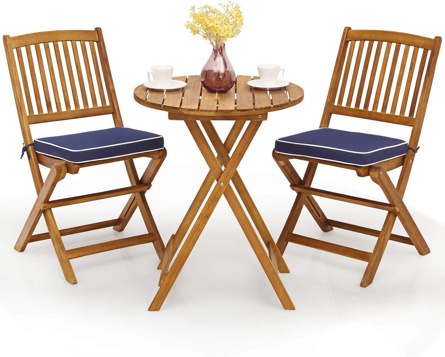 3Pcs Patio Bistro Set, Wood Folding Table Set, 2 Cushioned Chairs for Garden Yard, Outdoor Furniture round Table (Natural &amp; Navy Blue)