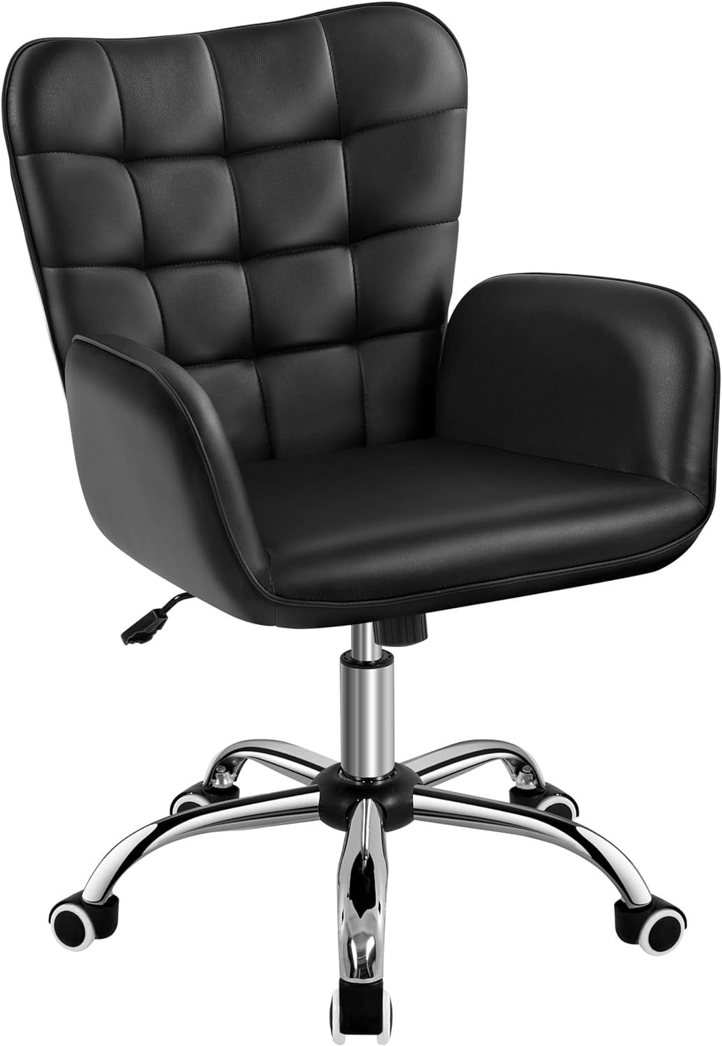 Faux Leather Office Chair Modern Vanity Chair Ergonomic Adjustable Computer Chair with Wide Seat, Padded Armrests for Living Room, Bedroom Black
