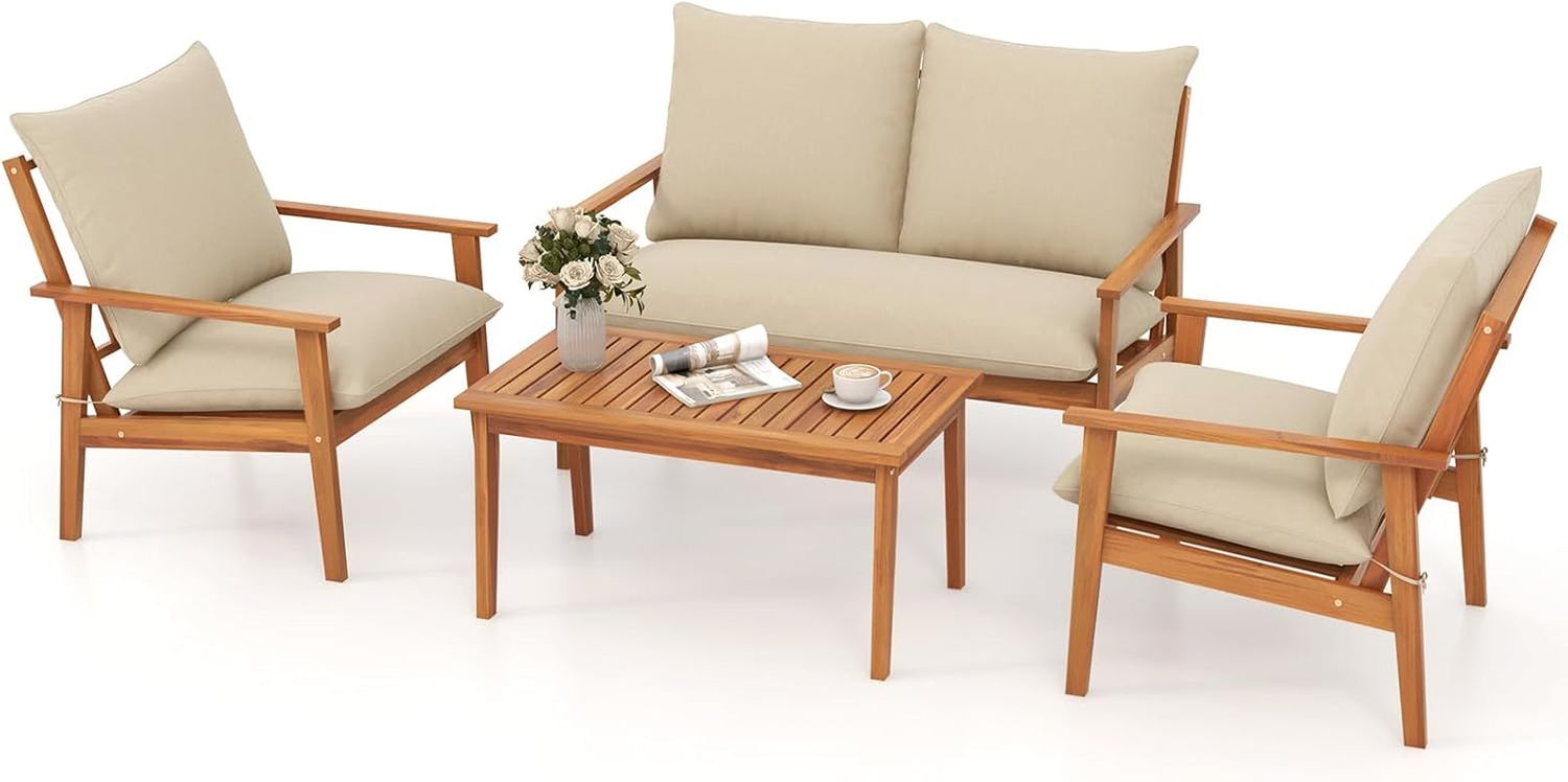 4 Pieces Patio Furniture Set, Outdoor Acacia Wood Conversation Set with Soft Cushions and Coffee Table, Outdoor Sectional Sofa Set for Lawn, Garden, Backyard and Poolside (1, Natural)