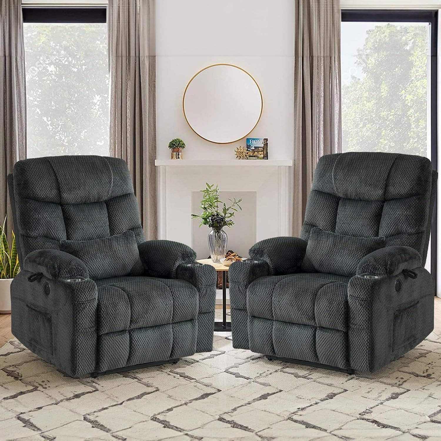 Large Dual Motor Lay Flat Power Lift Recliner Chair Set of 2 for Elderly with Massage and Heat, Textile Oversized Recliner Chair, Lift Chairs Recliner with Lumbar Pillow, Cup Holder, Grey