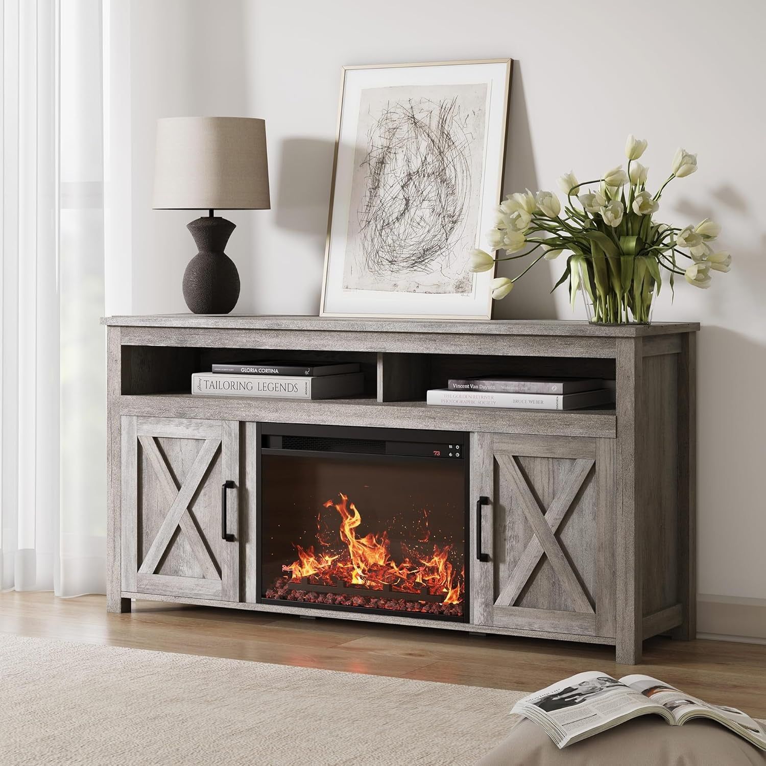 Barn Door Wood Electric Fireplace TV Stand for Tvs up to 65 Inches Open Shelves and Cabinets Media Entertainment Center Console Table - Corin (Gray Wash)
