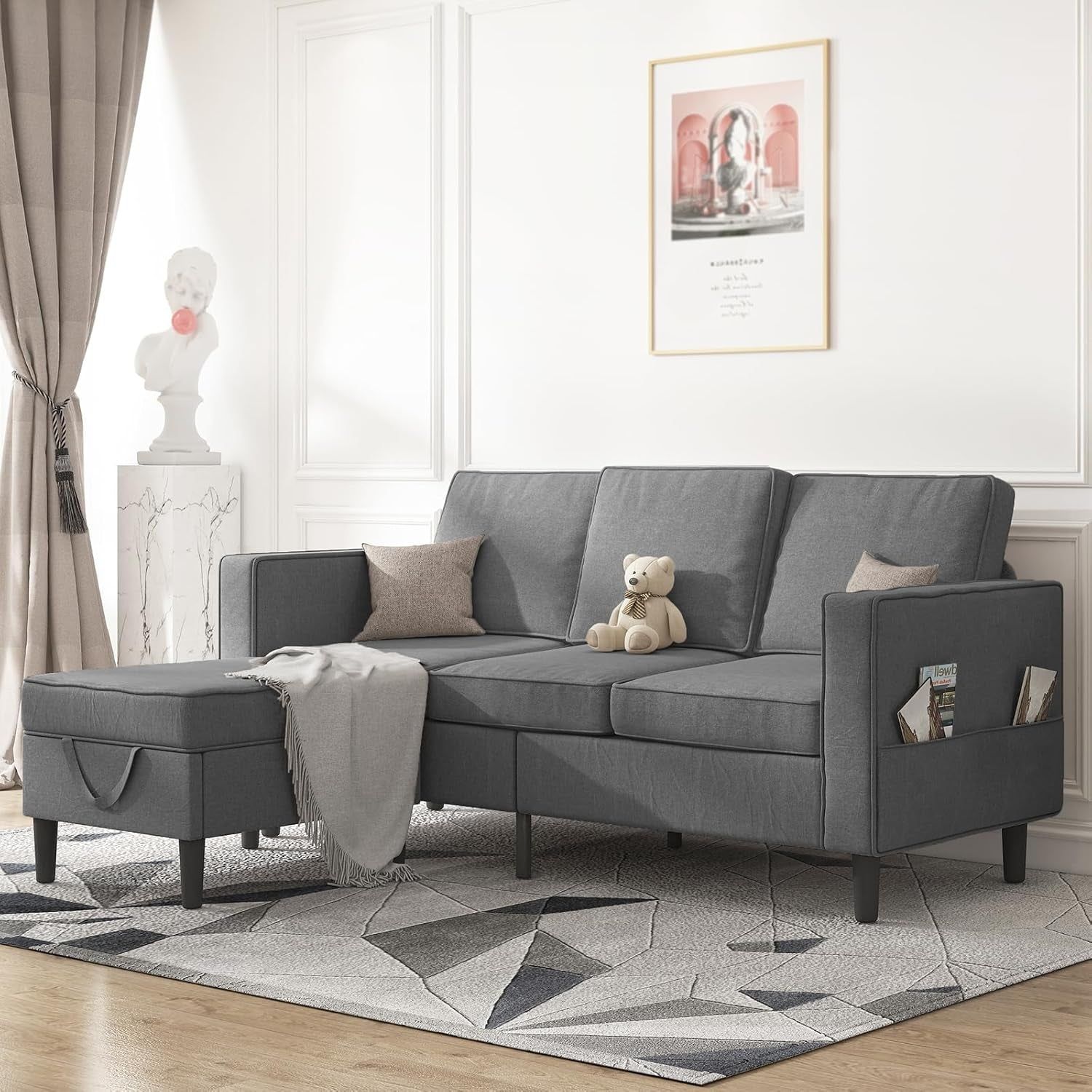 Convertible Sectional Sofa Sets, Modern Linen Fabric 3 Seater L-Shaped Sofa with Storage Ottoman, Wooden Sofa Couch Legs, Reversible Chaise Chair for Living Room, Studio, Apartment - Dark Grey