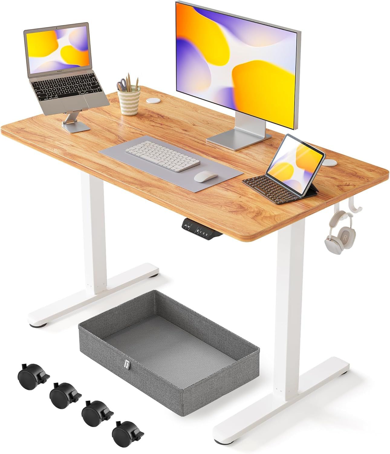 40 X 24 Inches Standing Desk with Drawer, Adjustable Height Electric Stand up Desk with Storage, Sit Stand Home Office Desk, Ergonomic Computer Desk, Light Rustic
