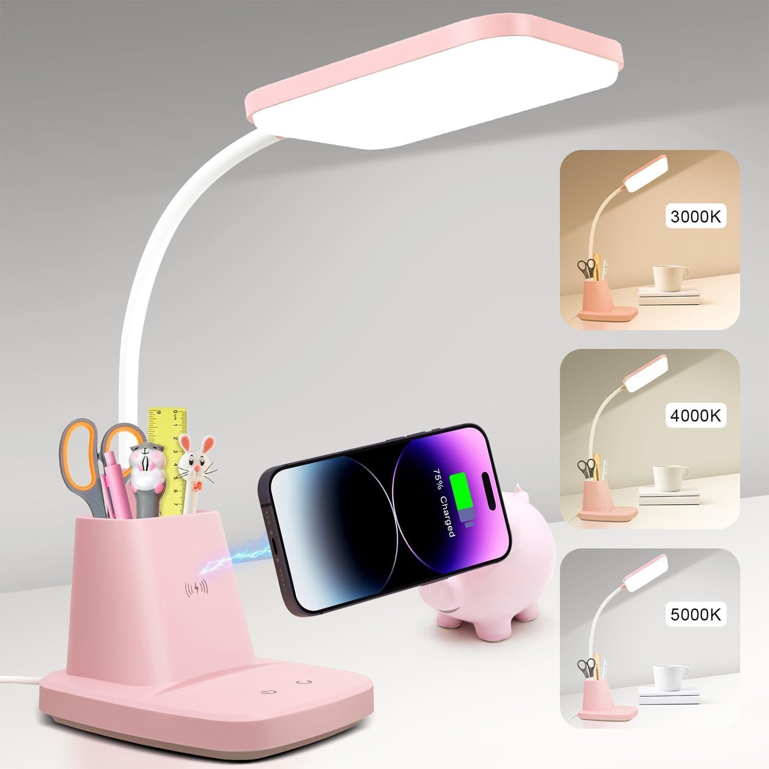 Cute Desk Lamp, Pink Small Desk Lamp with Pen Holder, Wireless Charger LED Desk Lamps for Home Office, Kids Desk Lamp 800LM Gooseneck 3 Modes Dimmable Touch, Study Lamp for College Dorm Room