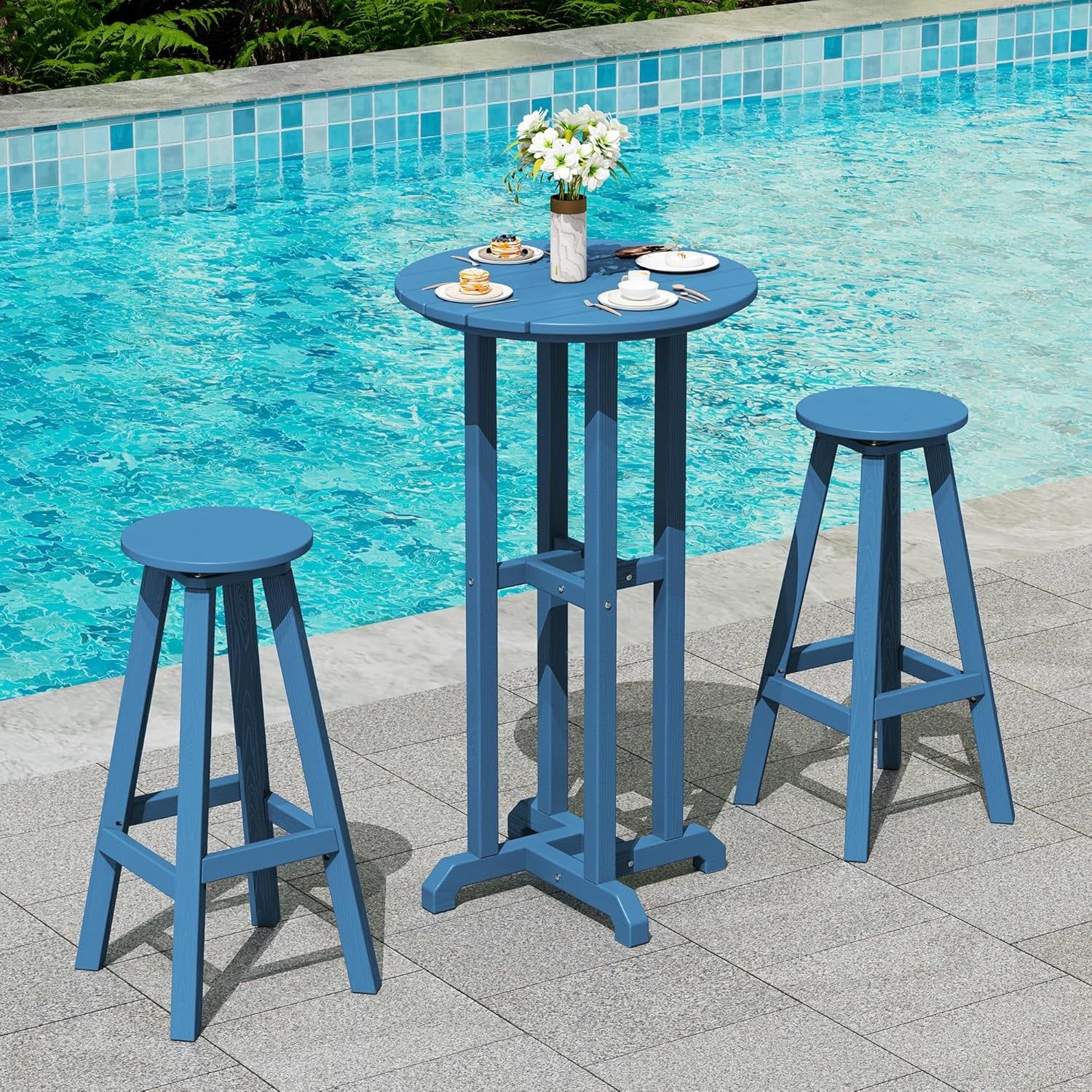 Outdoor Bar Table and Chairs Set, round Bar Table with 2 Swivel Bar Stools, Blue