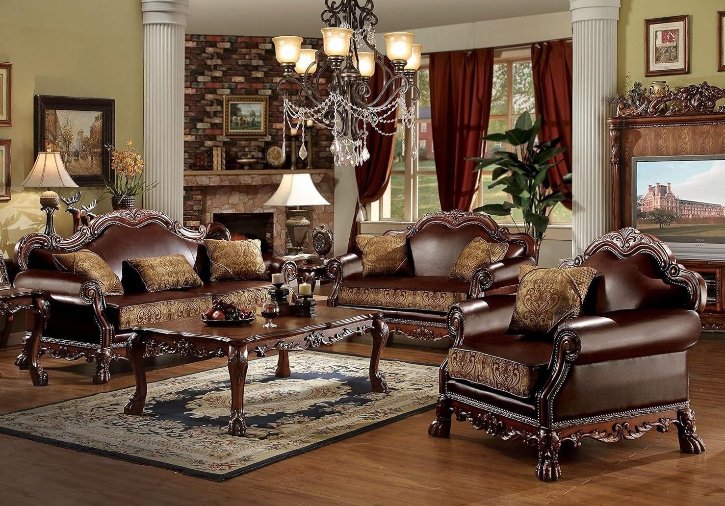 3-PS Living Room Set, Traditional Collection Including Sofa W/3 Pillows, Loveseat W/2 Pillows and Chair W/1 Pillow, Cherry Oak, Vintage/Victorian
