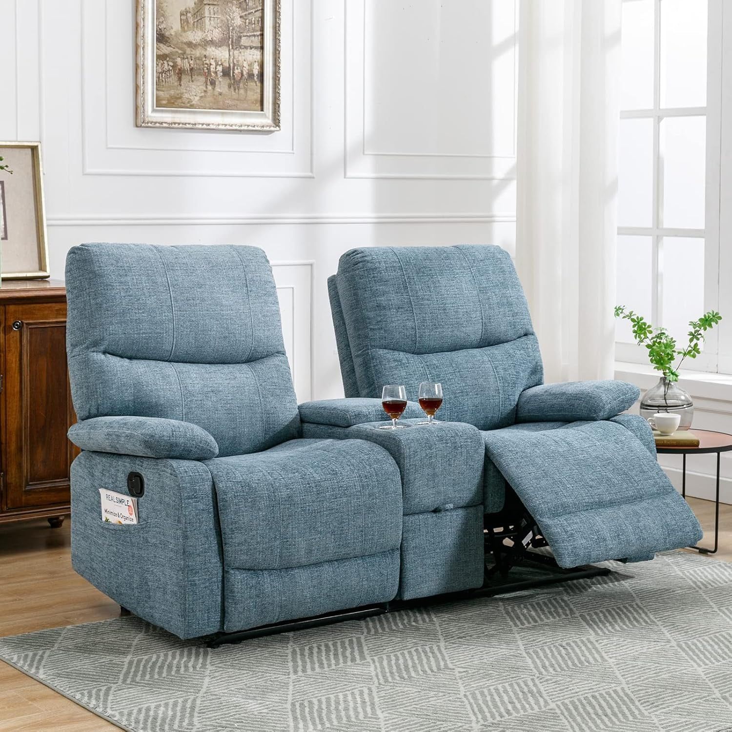 Double Reclining Loveseat - Fabric Home Theater Seating with Console - 2 Seater Manual Reclining Couch for Living Room, Office (Fabric- Blue)