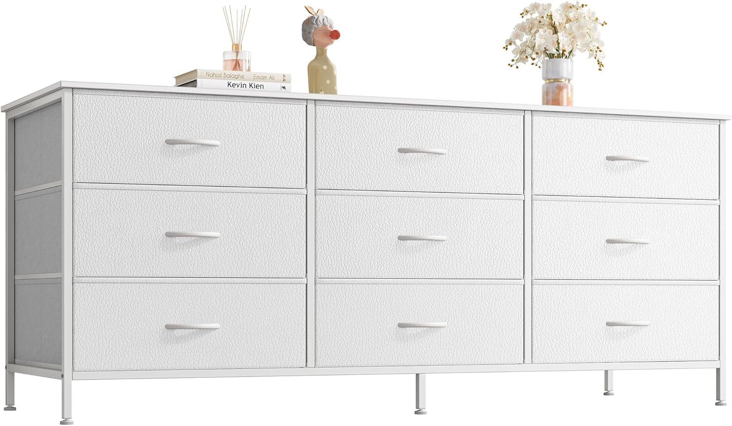 9 Drawer Dresser, 55 Inch Dresser TV Stand for 55, 60 Inch TV, Entertainment Center with Drawers, Large Storage Fabric Dresser for Bedroom, Closet, White Dresser with PU Leather Surface