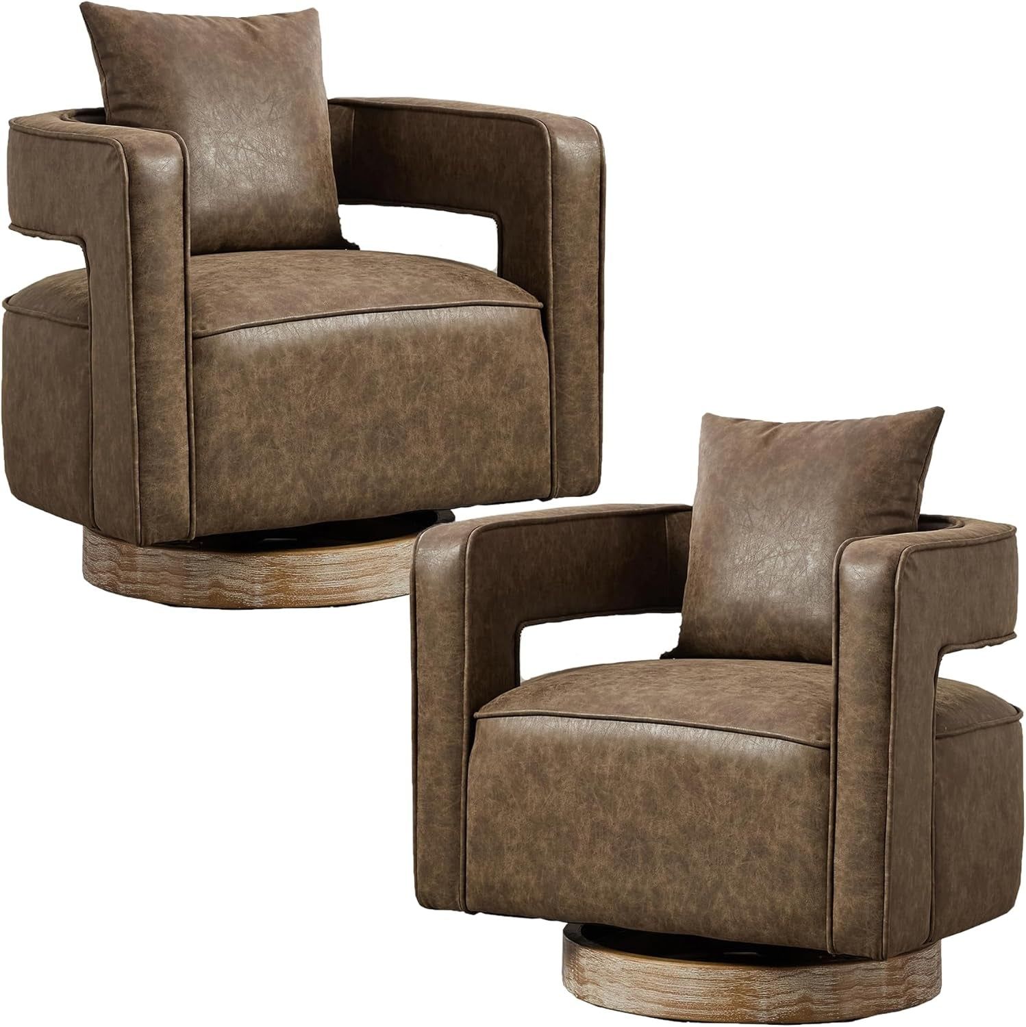 Swivel Accent Chair Set of 2, Modern Swivel Barrel Chair for Living Room, 360 Degree Comfy Square Swivel Chair with Open Back, Upholstered Armchair for Bedroom,Reading, PU Leather, Coffee
