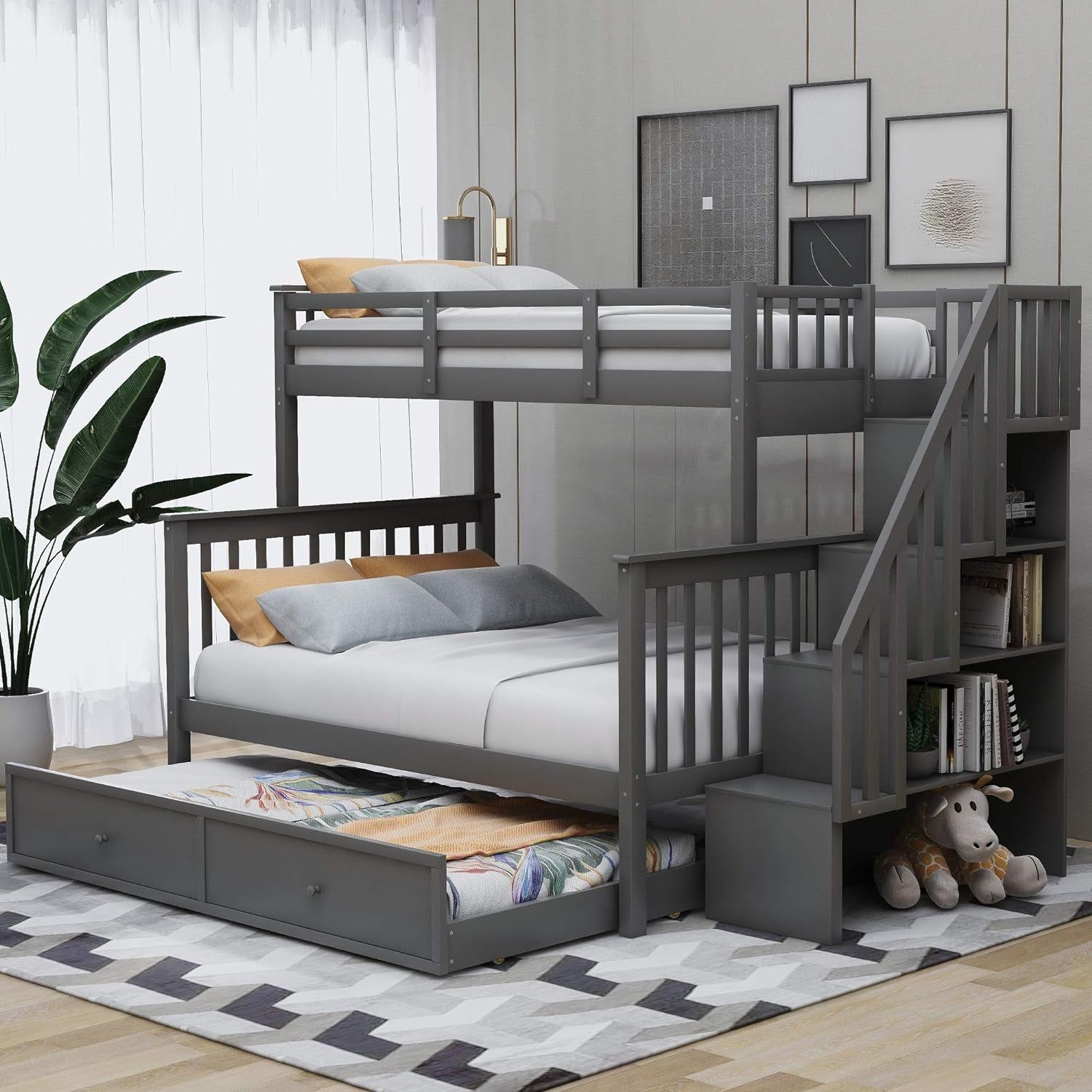 Twin over Full Bunk Bed, Wooden Bunk Bed Frame Twin over Full with Trundle and Storage Shelves, Twin over Full Size Bunk Beds with Staircases for Kids Teens Adults, Grey