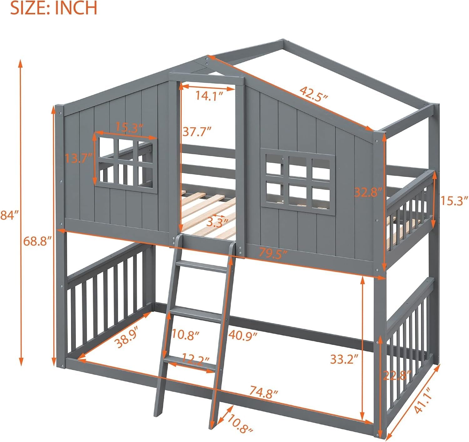 House Bunk Beds, Twin over Twin Bunk Bed with Roof, Ladder and Windows, Floor Bunk Bed, Low Bunk Loft Bed for Kids Teens Boys &amp; Girls, Gray