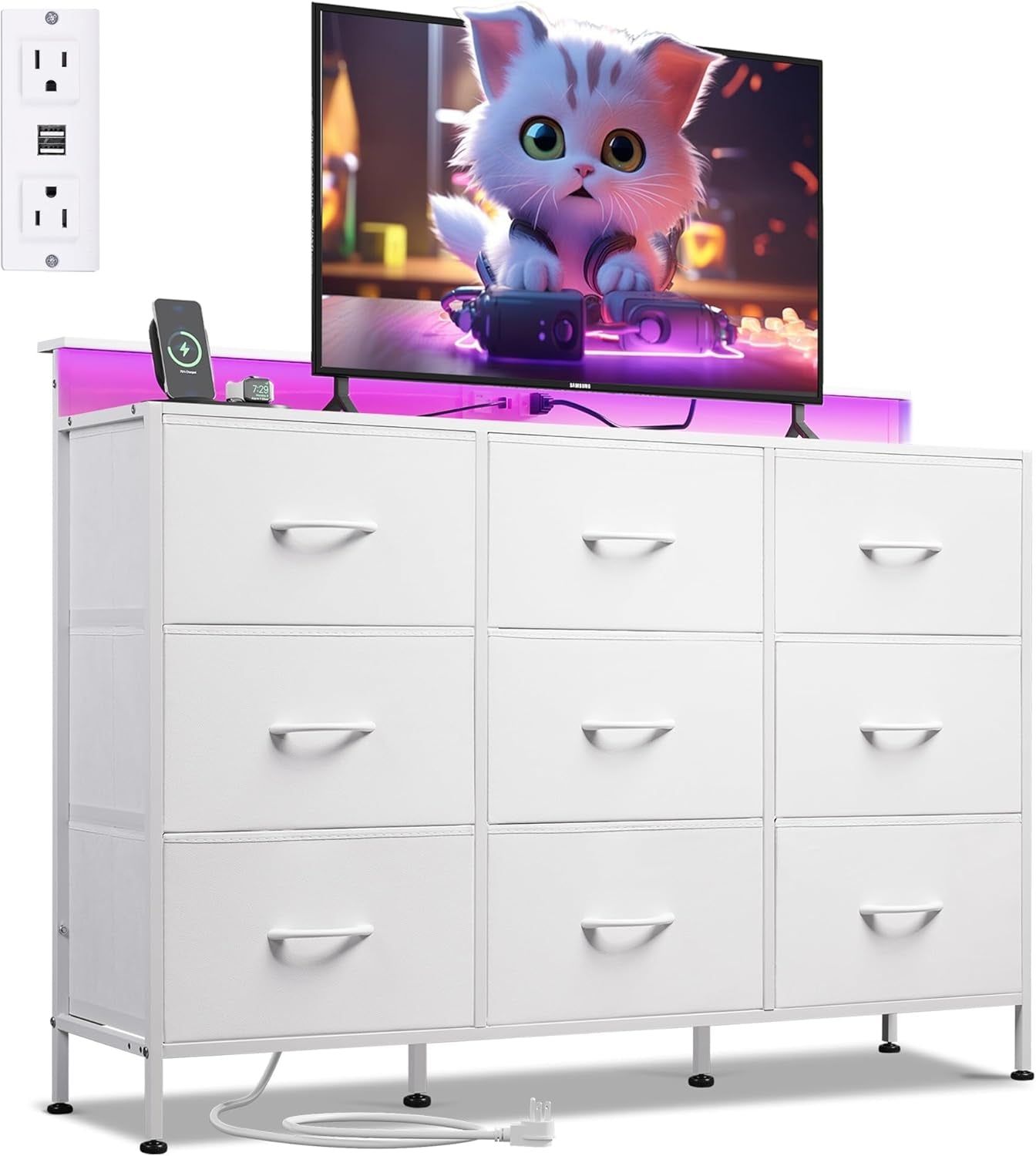 Dresser TV Stand for 55 Inch, Led Dresser for Bedroom, White Dresser for Bedroom with LED Lights and Charging Station, Chest of Drawers, 9 Fabric Dresser Drawers, Wood Top, Living Room, Closet