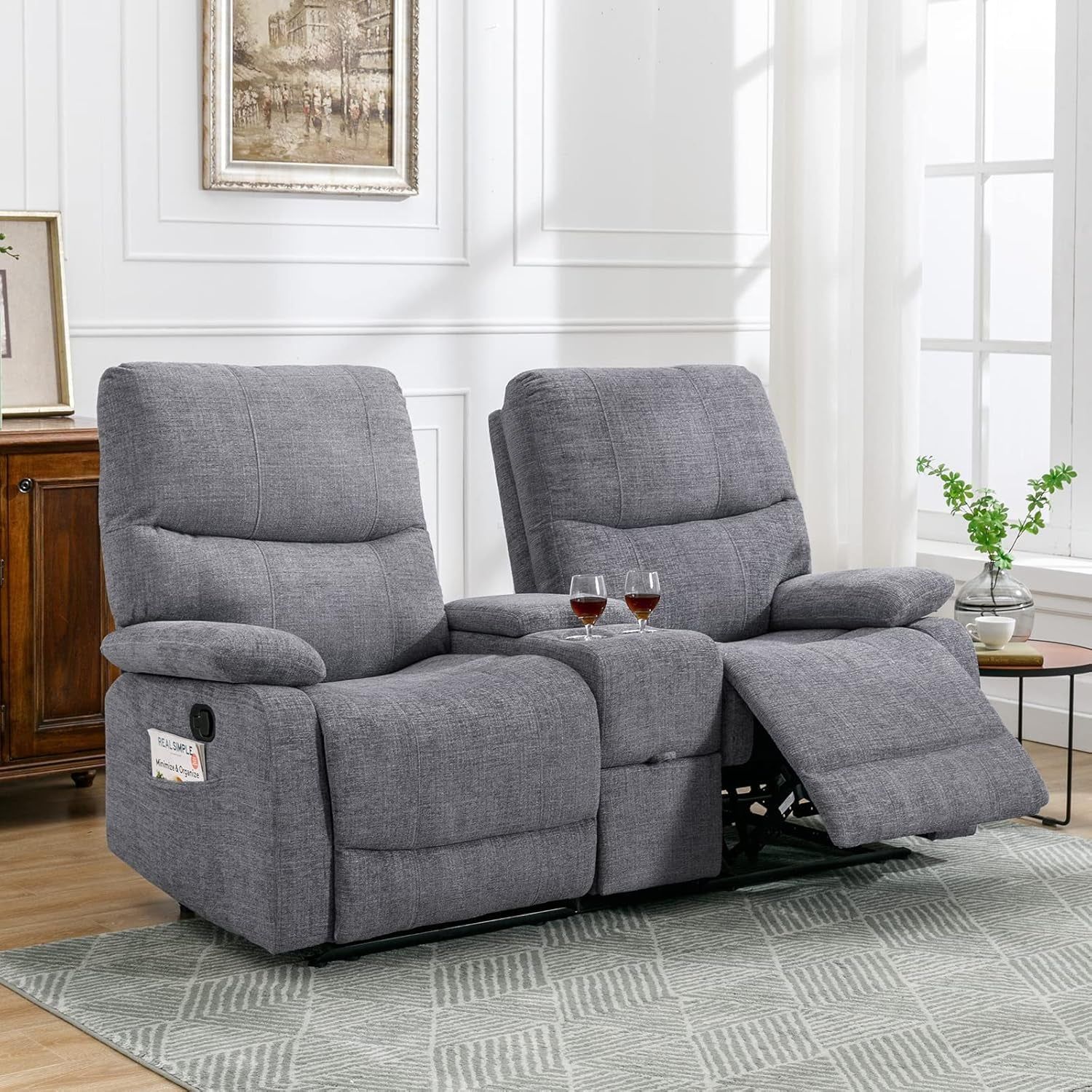 Double Reclining Loveseat - Fabric Home Theater Seating with Console - 2 Seater Manual Reclining Couch for Living Room, Office (Fabric- Light Grey)