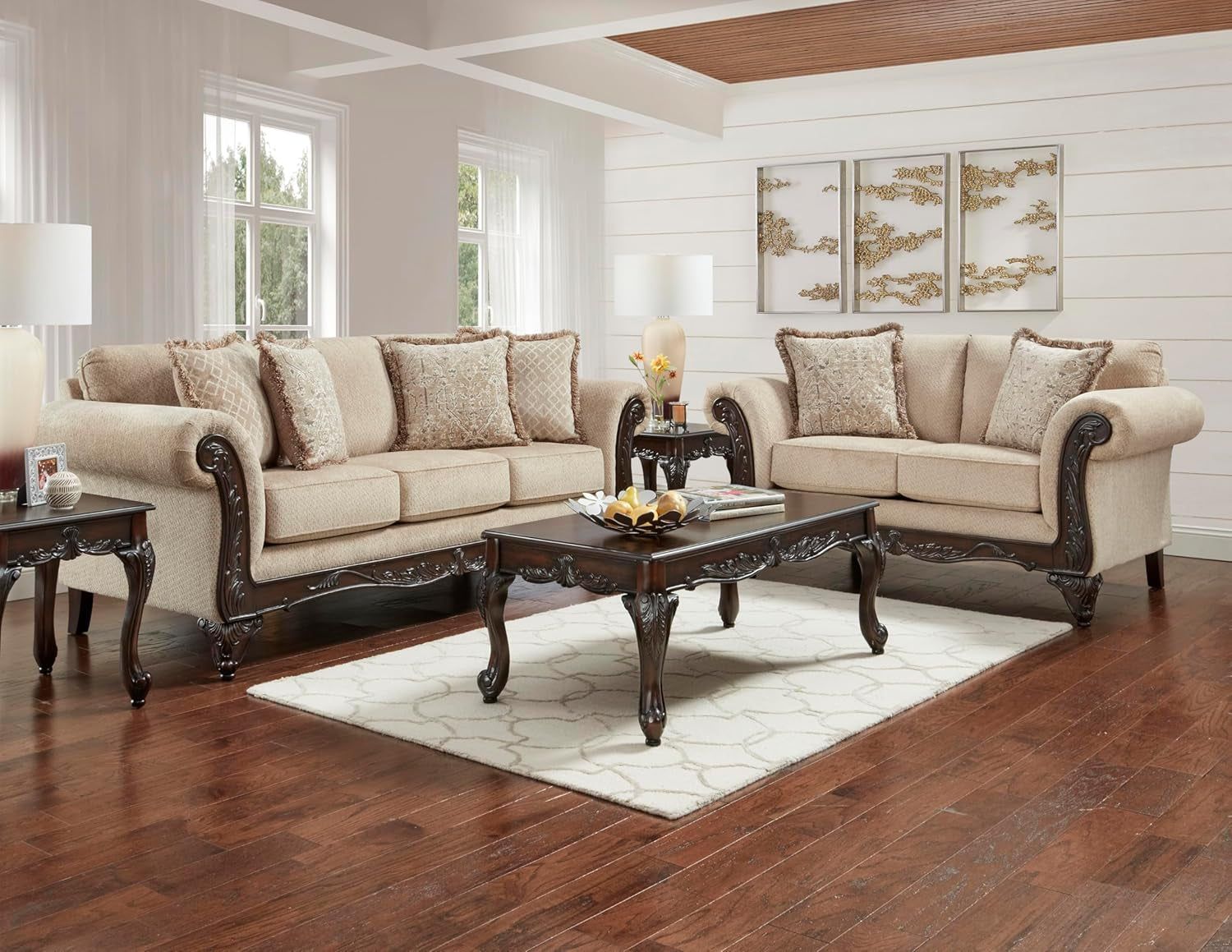 Hernen 2-Piece Living Room Set, Carved Wood Frame Sofa and Loveseat, Beige Wheat