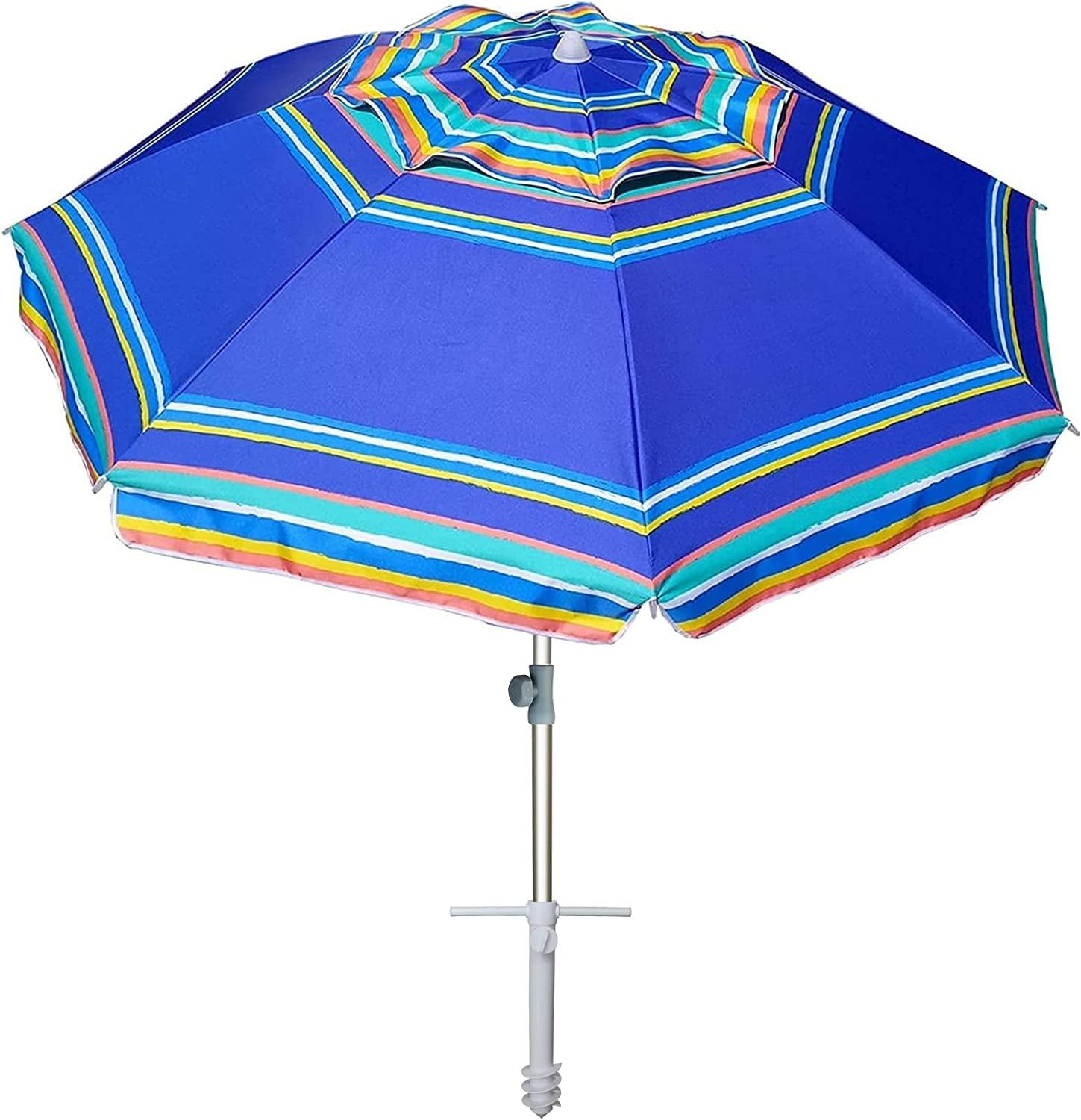 7Ft Heavy Duty High Wind Beach Umbrella Parasols with Sand Anchor &amp; Tilt Sun Shelter, UV 50+ Protection Outdoor Sunshade Umbrellas Carry Bag for Patio Garden Pool Backyard Stripe Blue