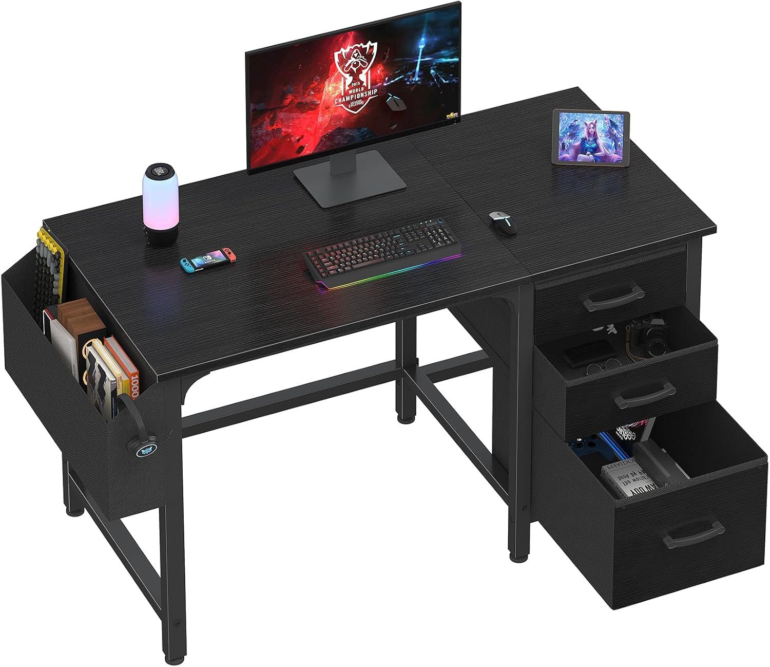 Computer Desk with File Drawers Cabinet, 47 Inch Home Office Desks with Filing Cabinet for Small Space, Gaming Study Writing Table PC Desks, Black