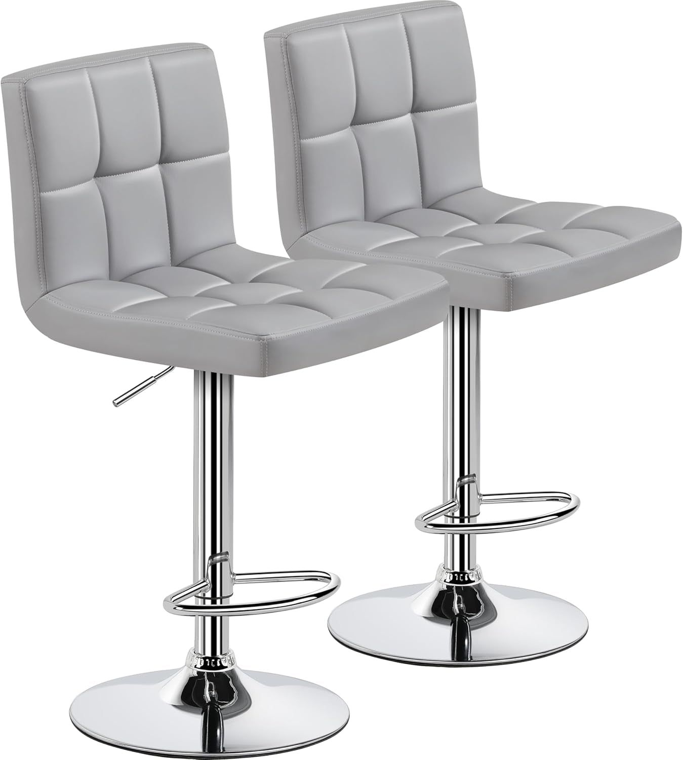 Bar Stools Set of 2, PU Leather Adjustable Barstools, Modern Counter Stools with Back and Footrest, Counter Height Barstools for Bar, Kitchen, Dining Room, Light Gray
