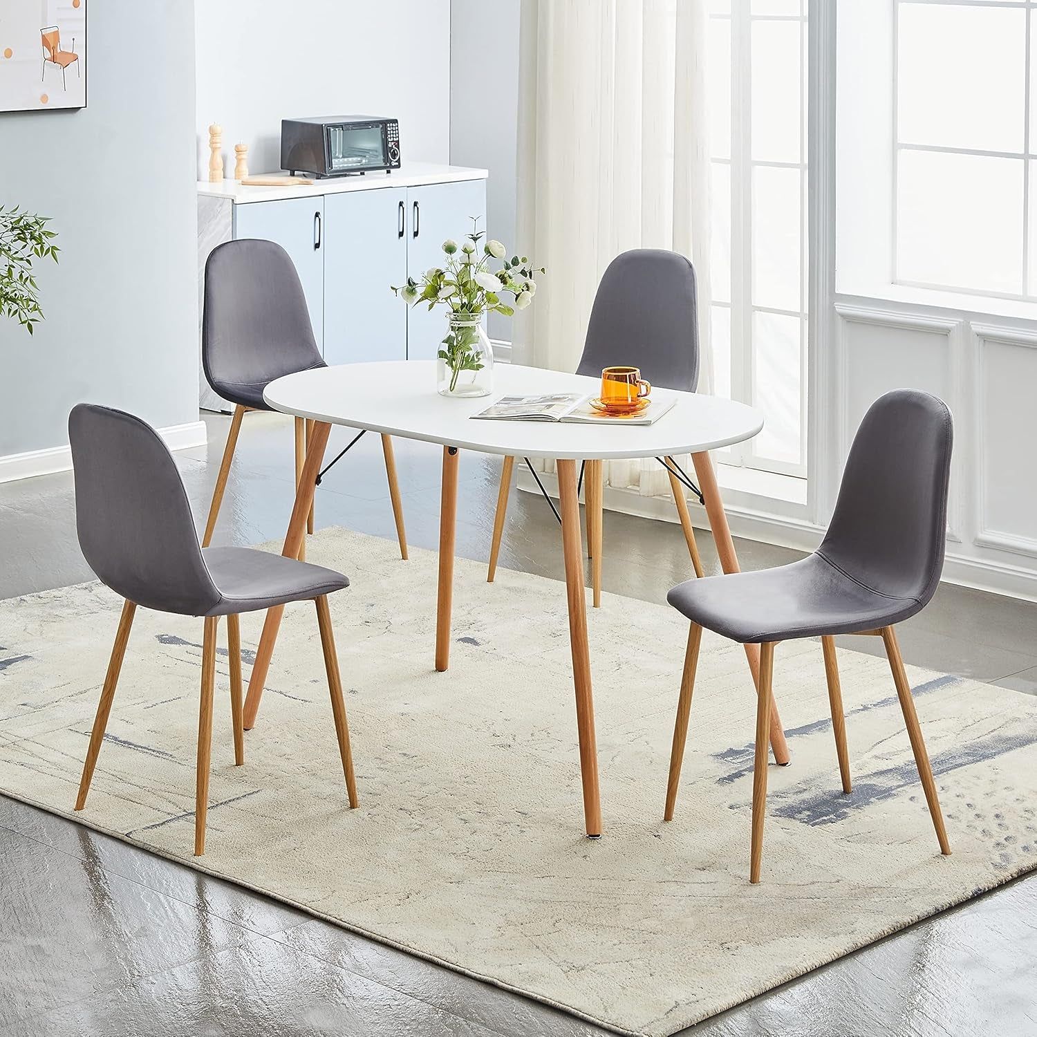 Grey Velvet Dining Chairs, Set of 4, Metal Legs