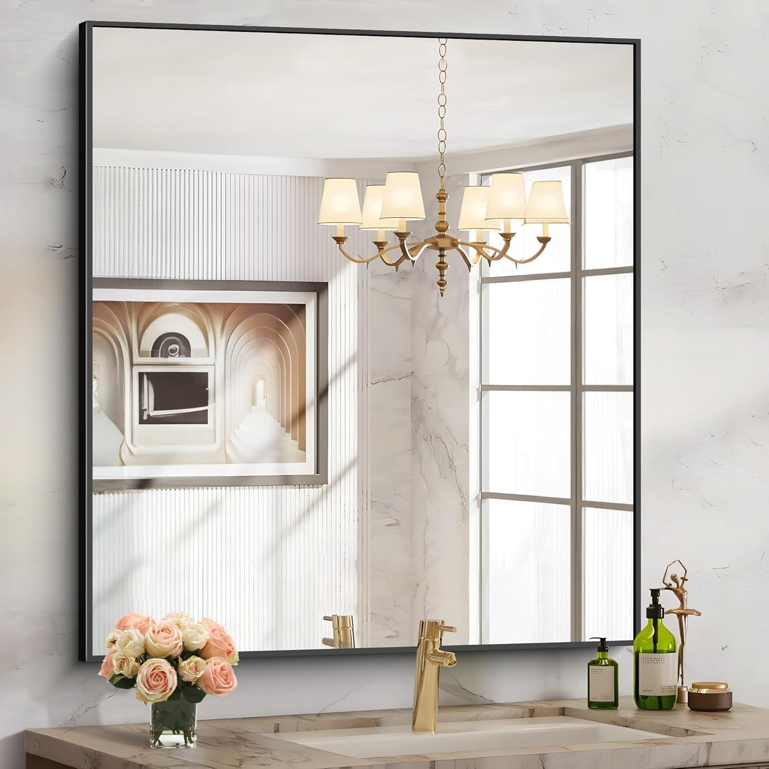 36&quot;x40&quot; Black Rectangle Wall Mirror Horizontal/Vertical Mount