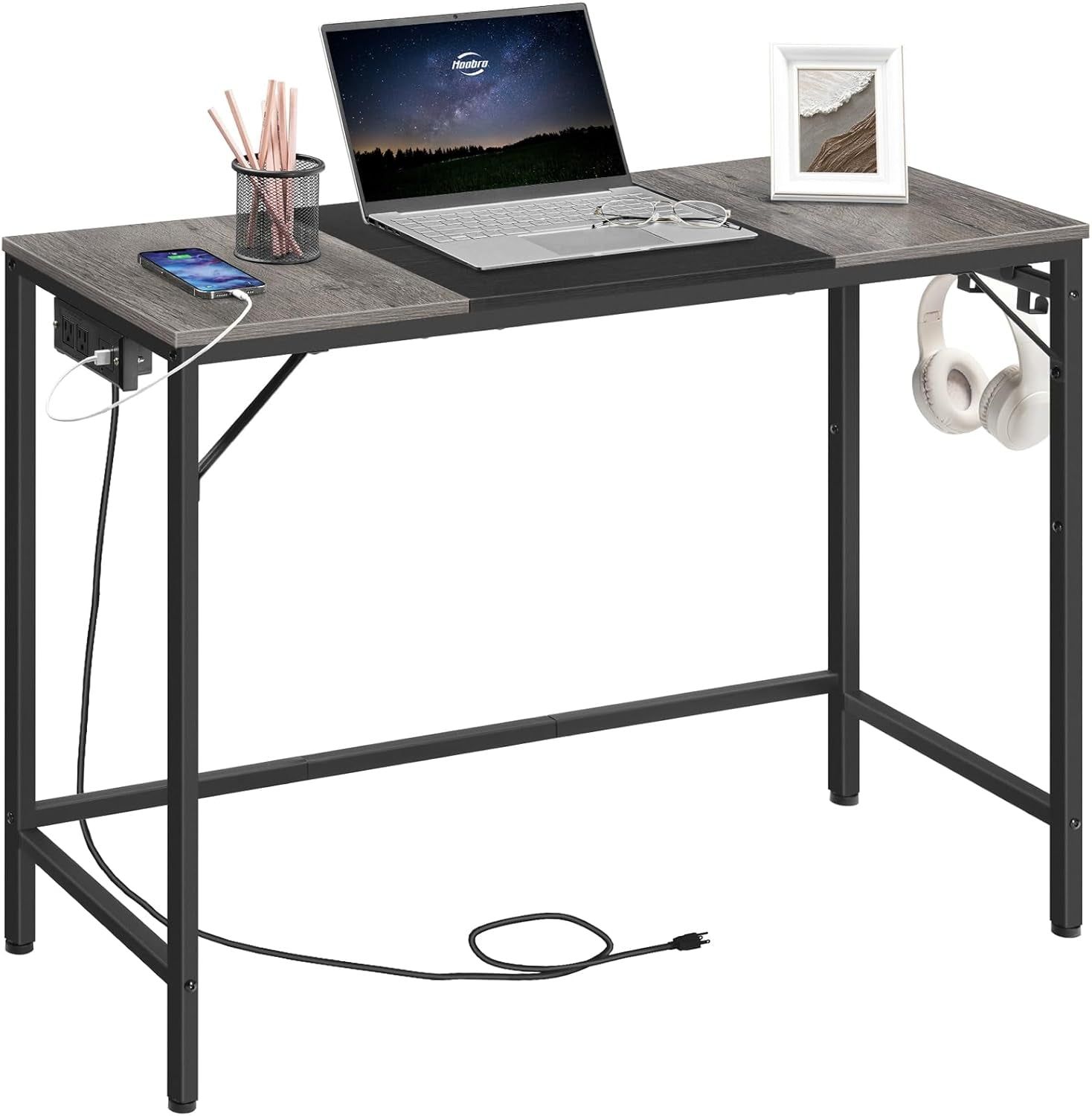 Computer Desk, Home Office Desk with Power Outlet, Modern Study Writing Desk with 3 Hooks for Study Room, Home Office, Sturdy and Stable, Easy to Assemble, Charcoal Gray and Black BC41UDN01