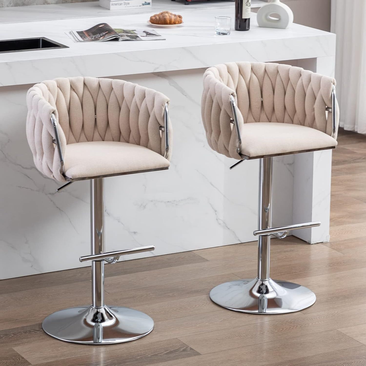 Modern Swivel Bar Stools Set of 2, Linen Fabric Adjustable Height Barstool with Barrel Back Kitchen Island Counter Bar Chair with Chrome Base, Beige