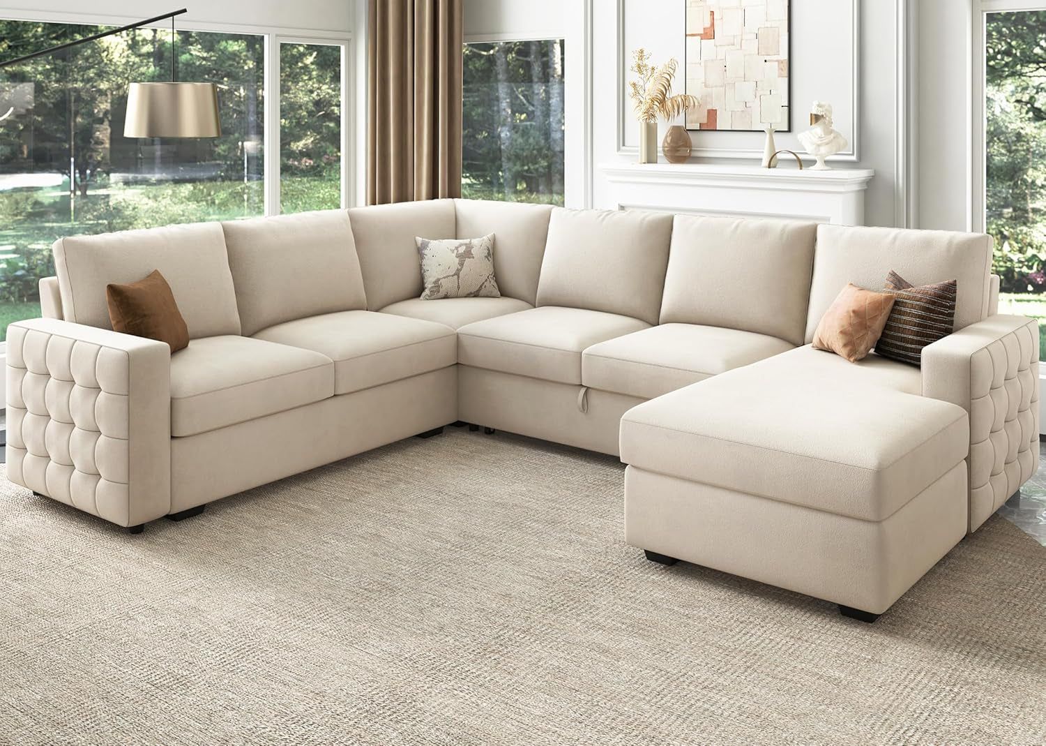 Beige U-Shaped Sectional Sleeper Storage, Velvet, Pullout Bed