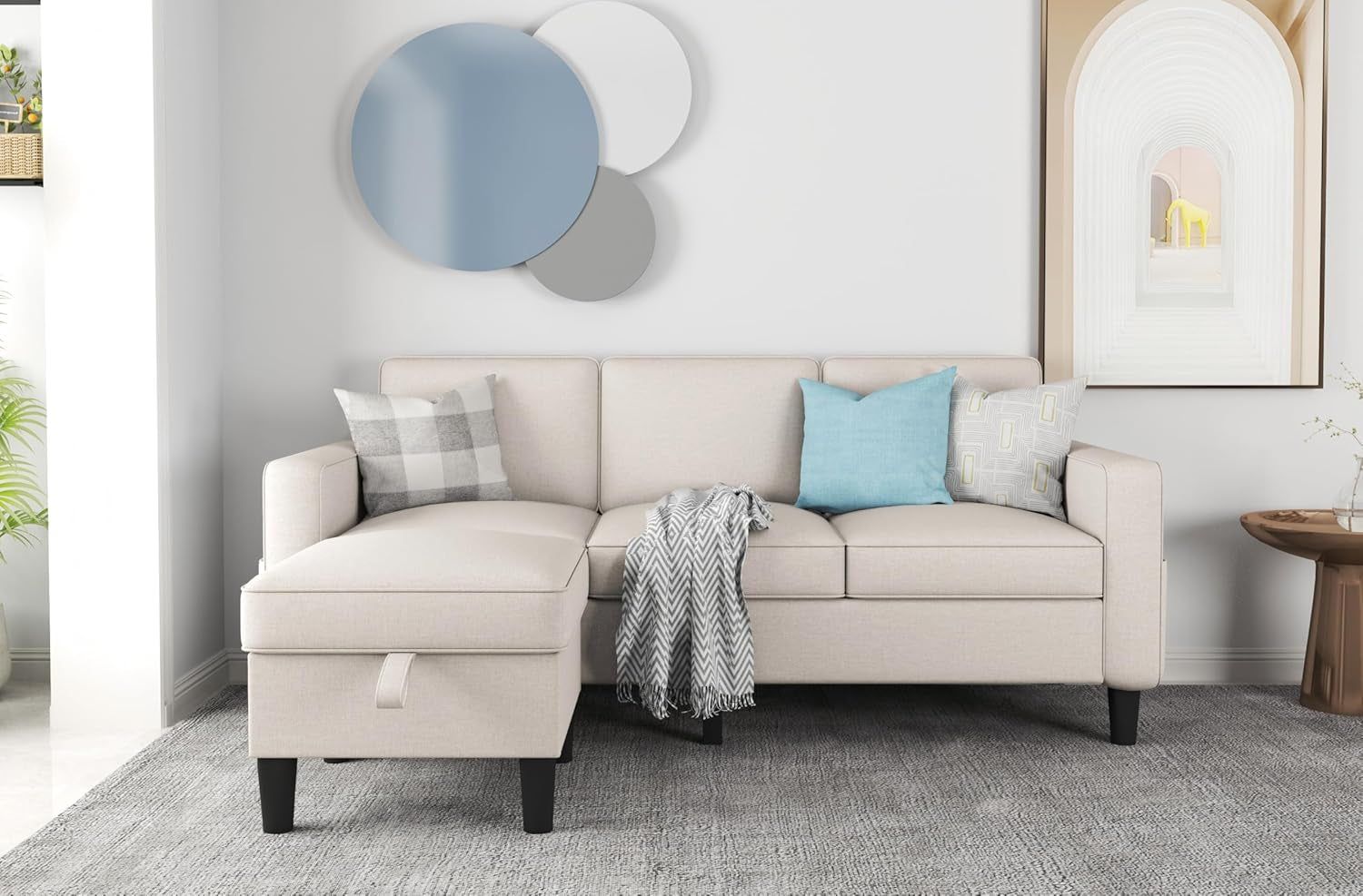 Sectional Couches for Living Room - L Shaped Couch with Storage Ottoman Beige 3 Seat Sofa Modern Futon Sleeper Sofas Furniture Set for Small Spaces Apartment Studio