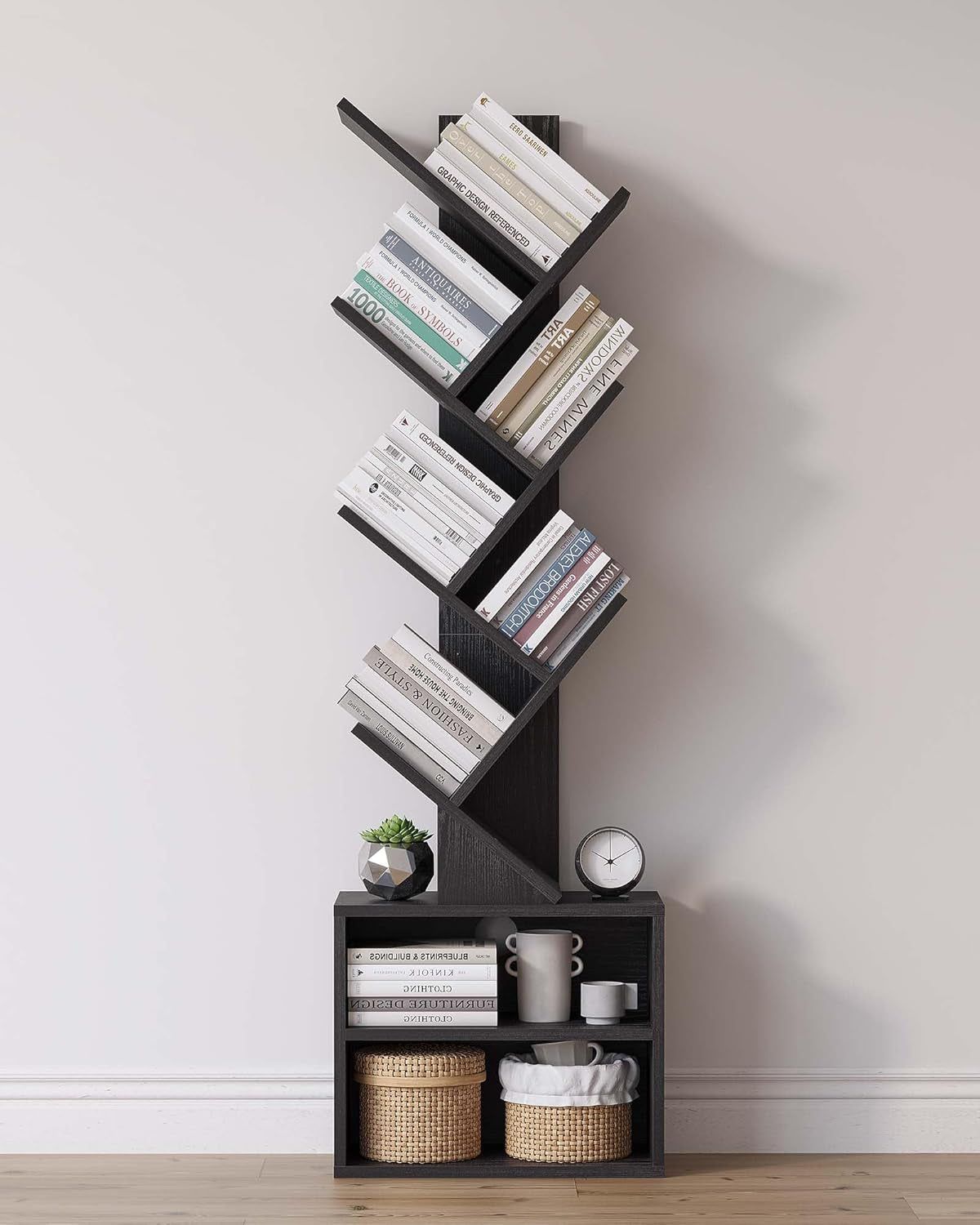 6 Tier Tree Bookshelf, Small Bookcase with Storage Cabinet, Modern Narrow Bookshelves Organizer, Floor Standing Book Shelf for Bedroom/Living Room/Home Office/Corner, Black