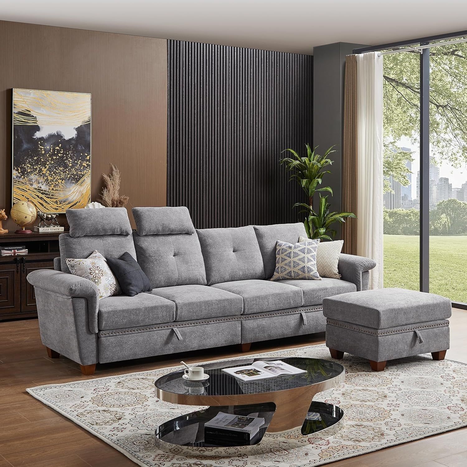Light Grey Microfiber Sectional Sofa with Storage