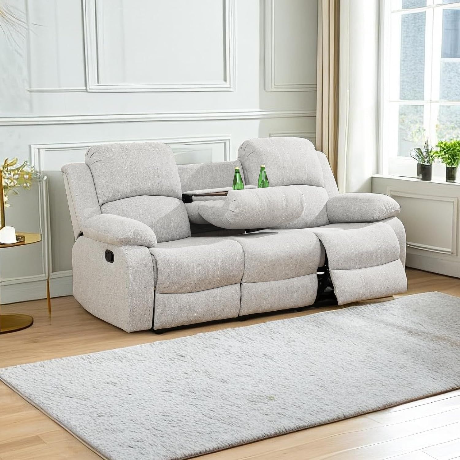 Grey White Microfiber Leather Recliner Sofa Set