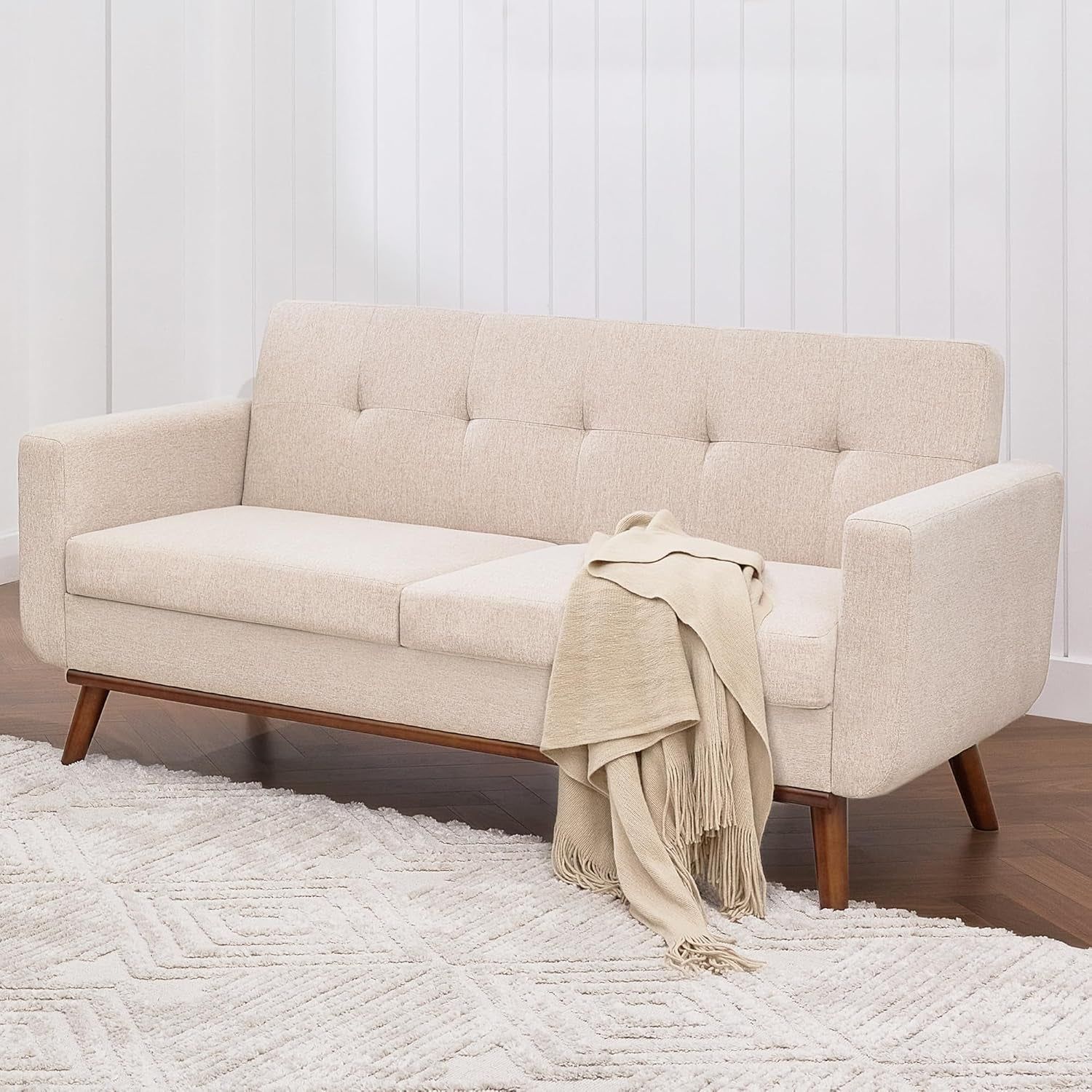 Oatmeal Mid-Century Loveseat Button-Tufted, Modern Style