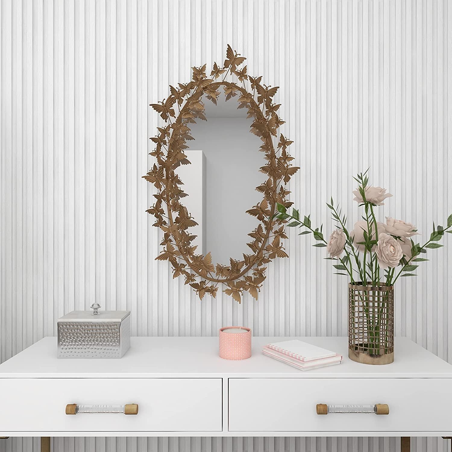 Golden Metal Butterfly Oval 3D Wall Mirror, 19 X 5 X 33