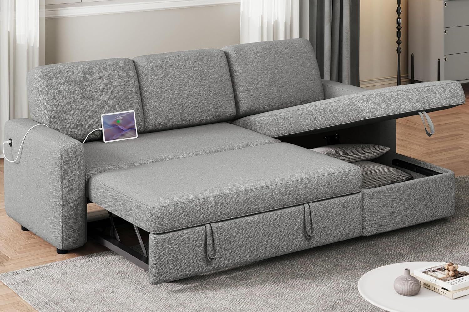 Light Gray L-Shaped Sleeper Sectional, USB, Storage