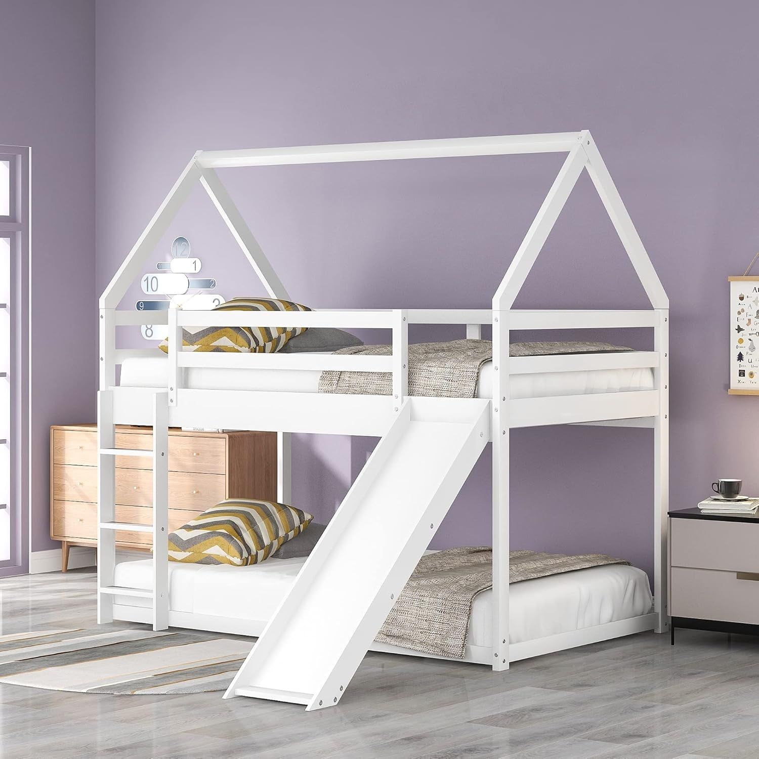 Twin over Twin Low Bunk Bed with Slide, Solid Wood House Bunk Bed for Kids Girls Boys (White)