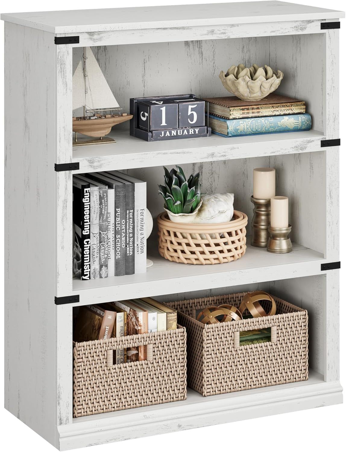 3 Tier Bookcase, Farmhouse Book Shelf with Storage, Low Book Case Wooden 3 Shelf Bookcase for Home Office, Living Room, Bed Room (White, 40.0&quot; H X 31.5&quot; W X 12.2&quot; D)