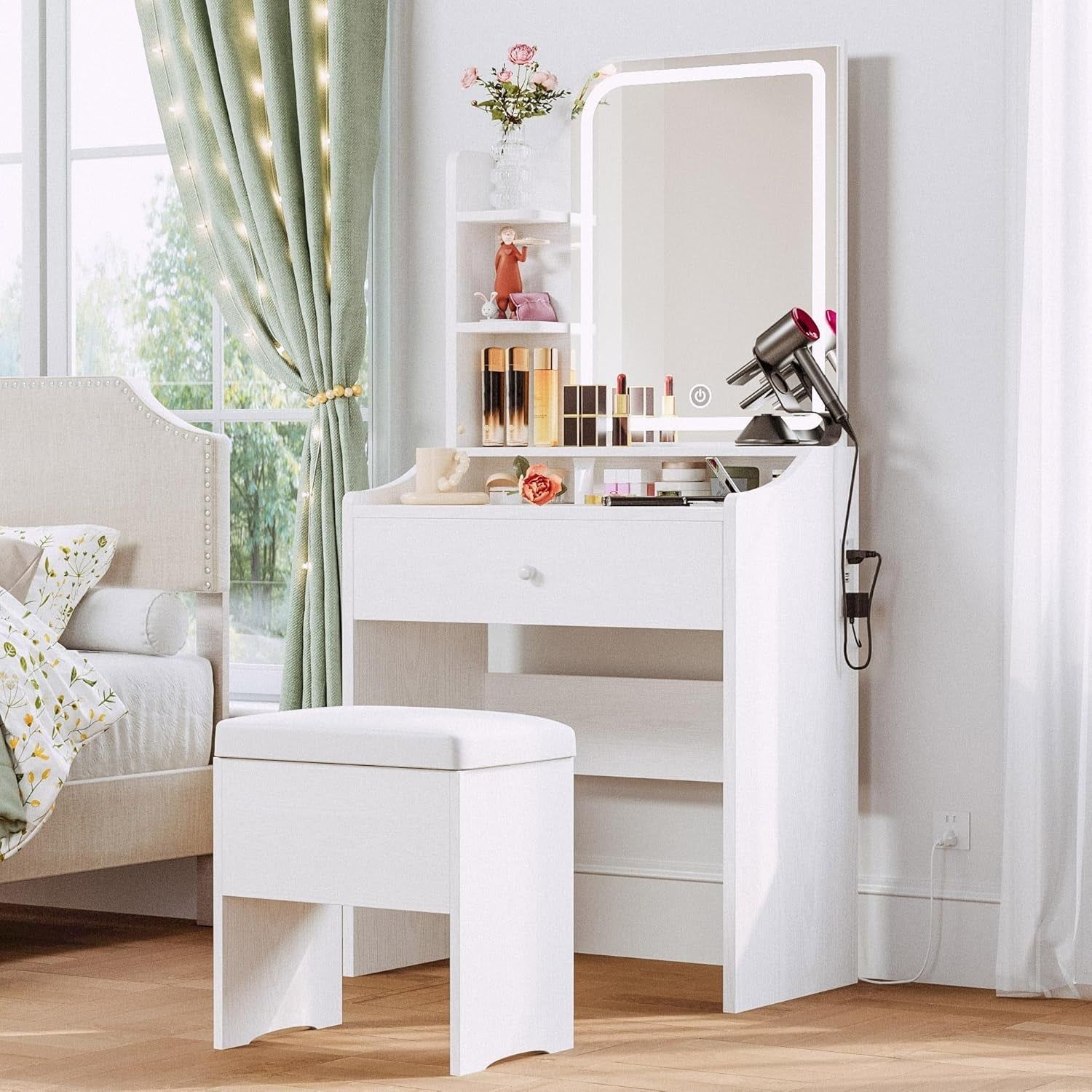 White Small Vanity Set Mirror, Lights, Storage, Chair