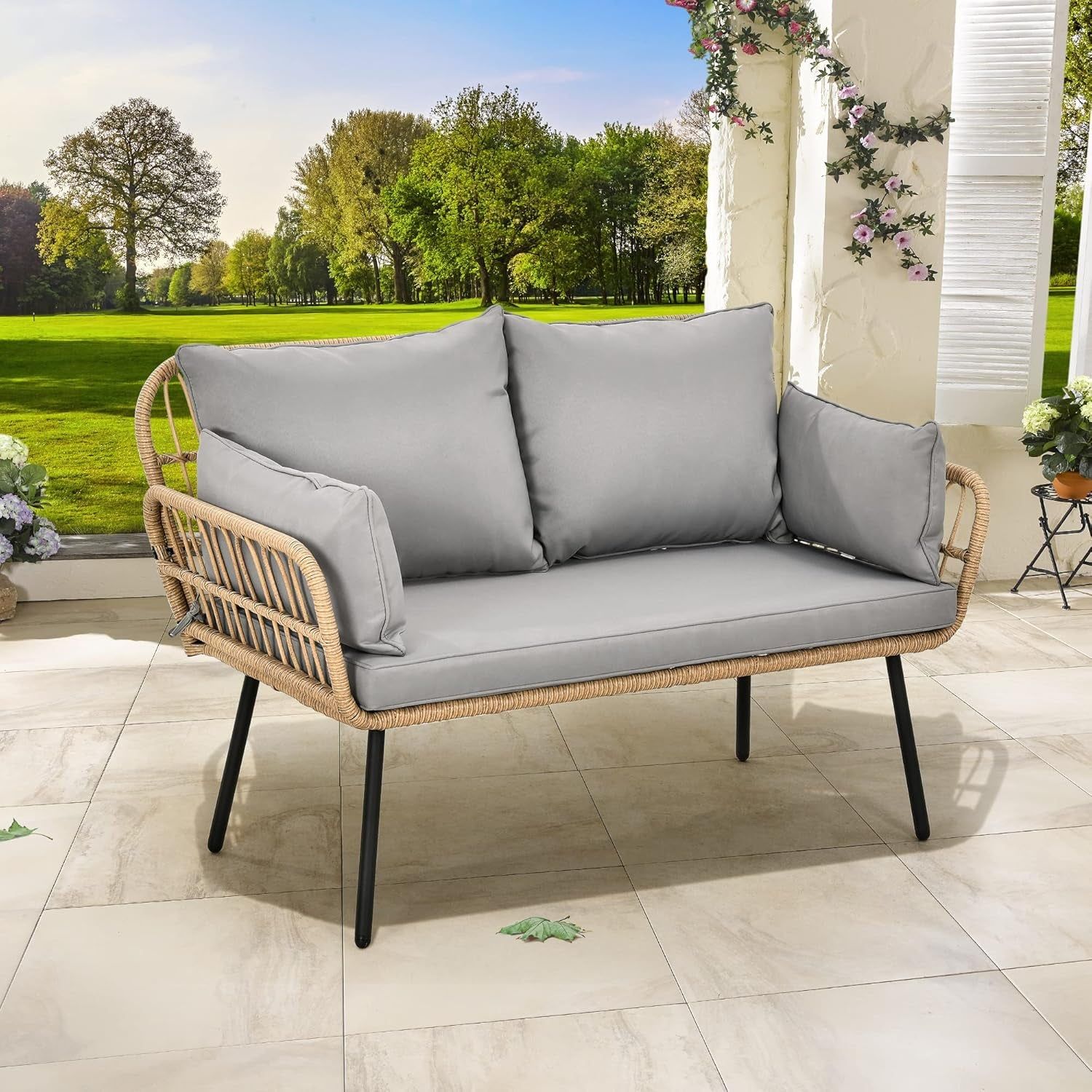Patio Loveseat, All-Weather Wicker Rattan 2 Seater Sofa with Cushions &amp; Lumbar Pillows, Outdoor Patio Furniture Set for Patio, Balcony, Backyard, Deck, Poolside - Grey