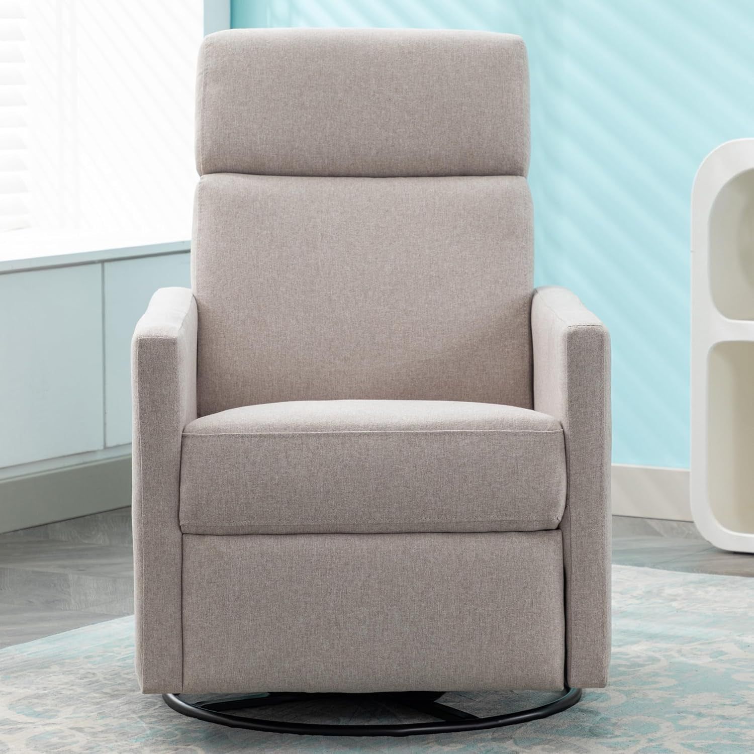 Tan Linen Swivel Rocker Recliner Adjustable Headrest, Nursery