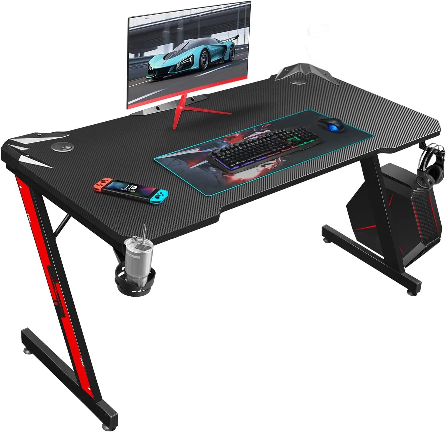 Gaming Desk, Computer Desk with Carbon Fiber Surface, Gaming Table Z Shaped PC Gaming Workstation Home Office Desks with Cup Holder and Headphone Hook (44 Inch, Black)