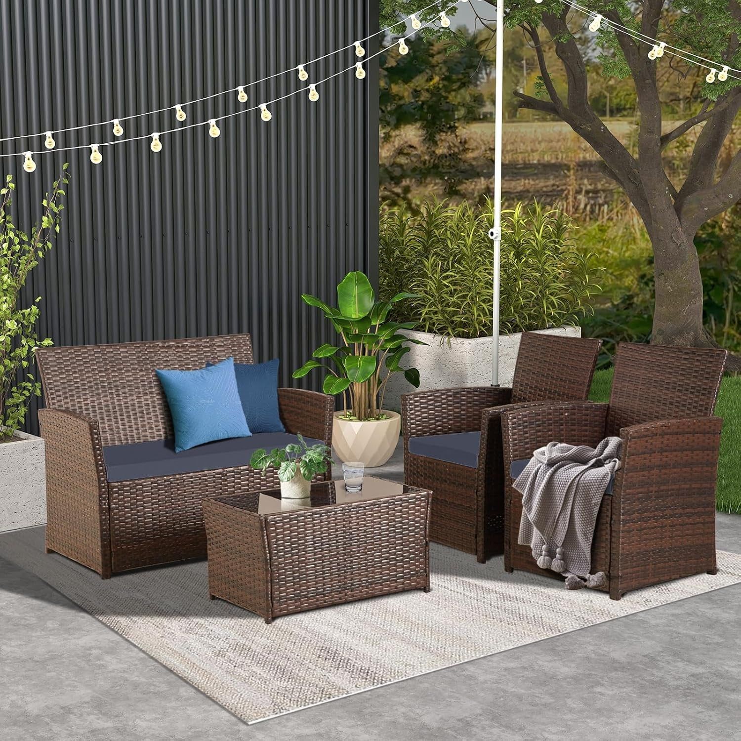 Outdoor Wicker Rattan Sofa Set Blue Cushions
