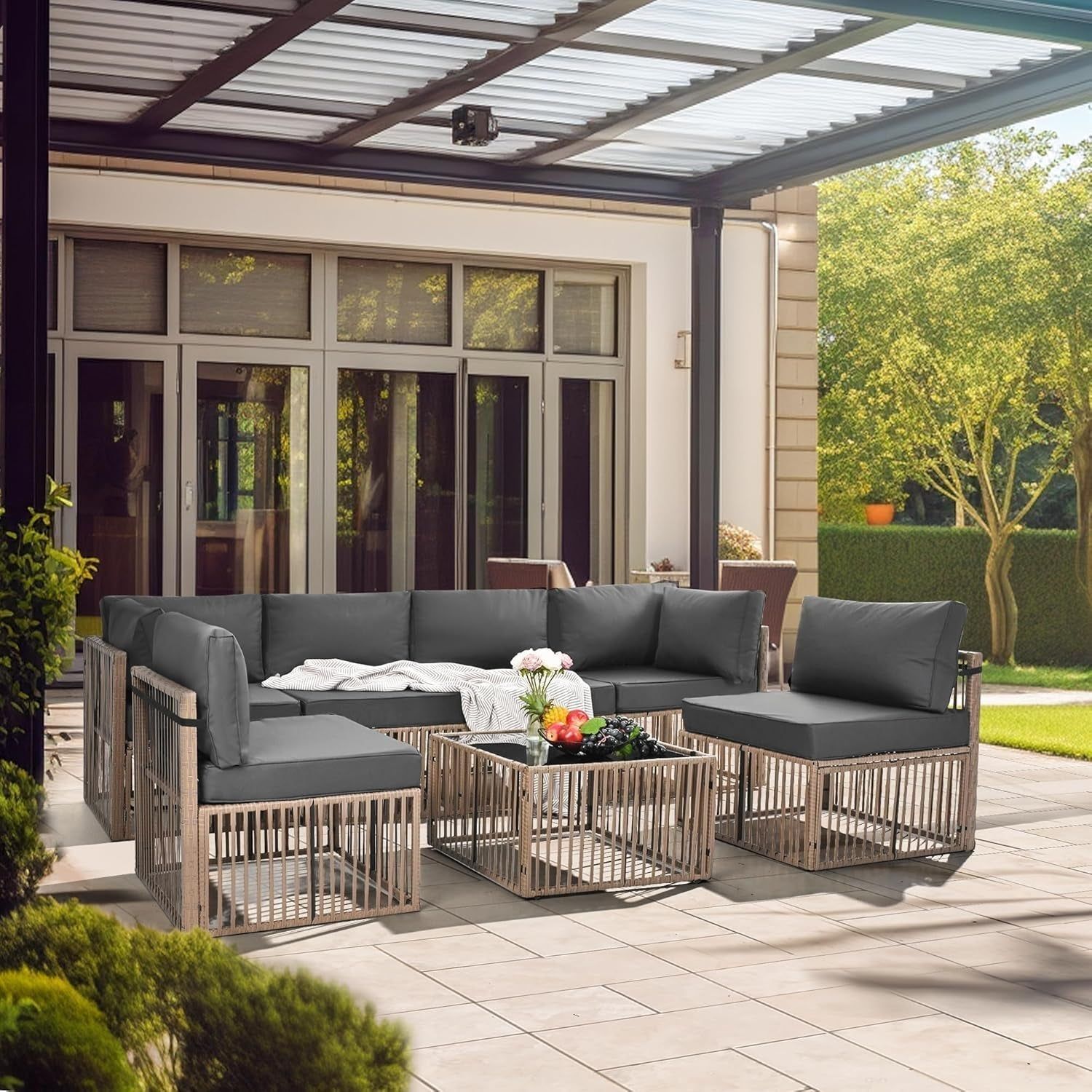 Brown Rattan Outdoor Conversation Set Gray