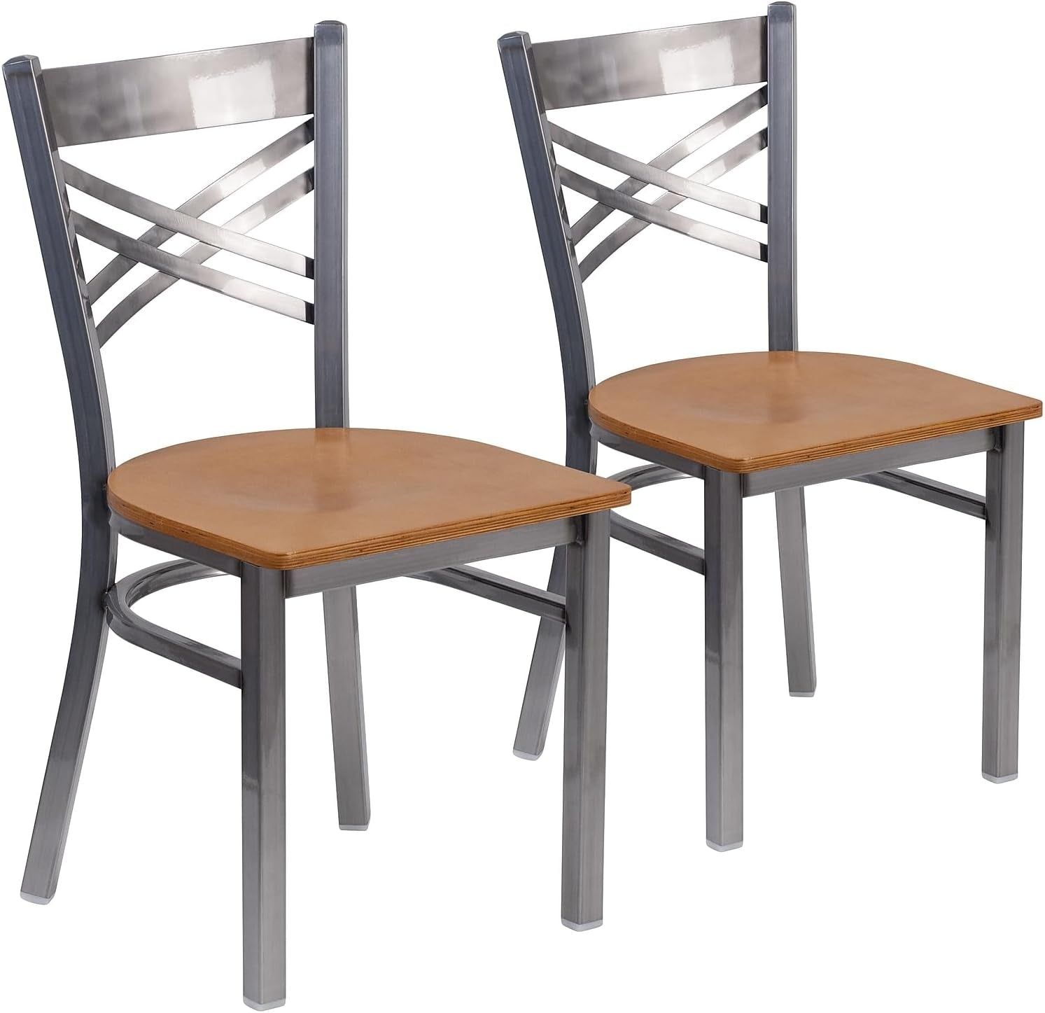 2 Pk. HERCULES Series Clear Coated &#39;&#39;X&#39;&#39; Back Metal Restaurant Chair - Natural Wood Seat