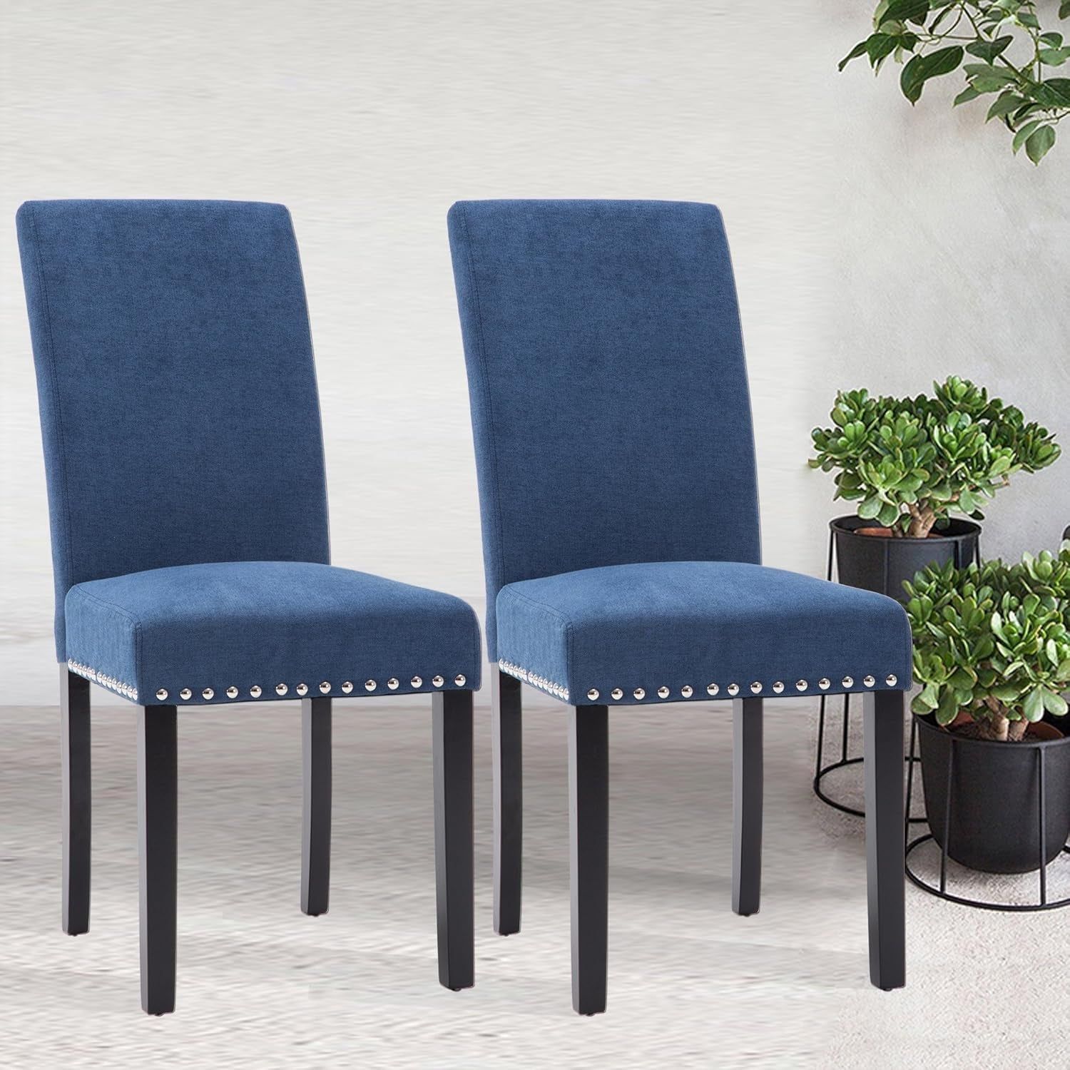 Dining Chair Upholstered Fabric Dining Chairs with Copper Nails,Set of 4,Blue