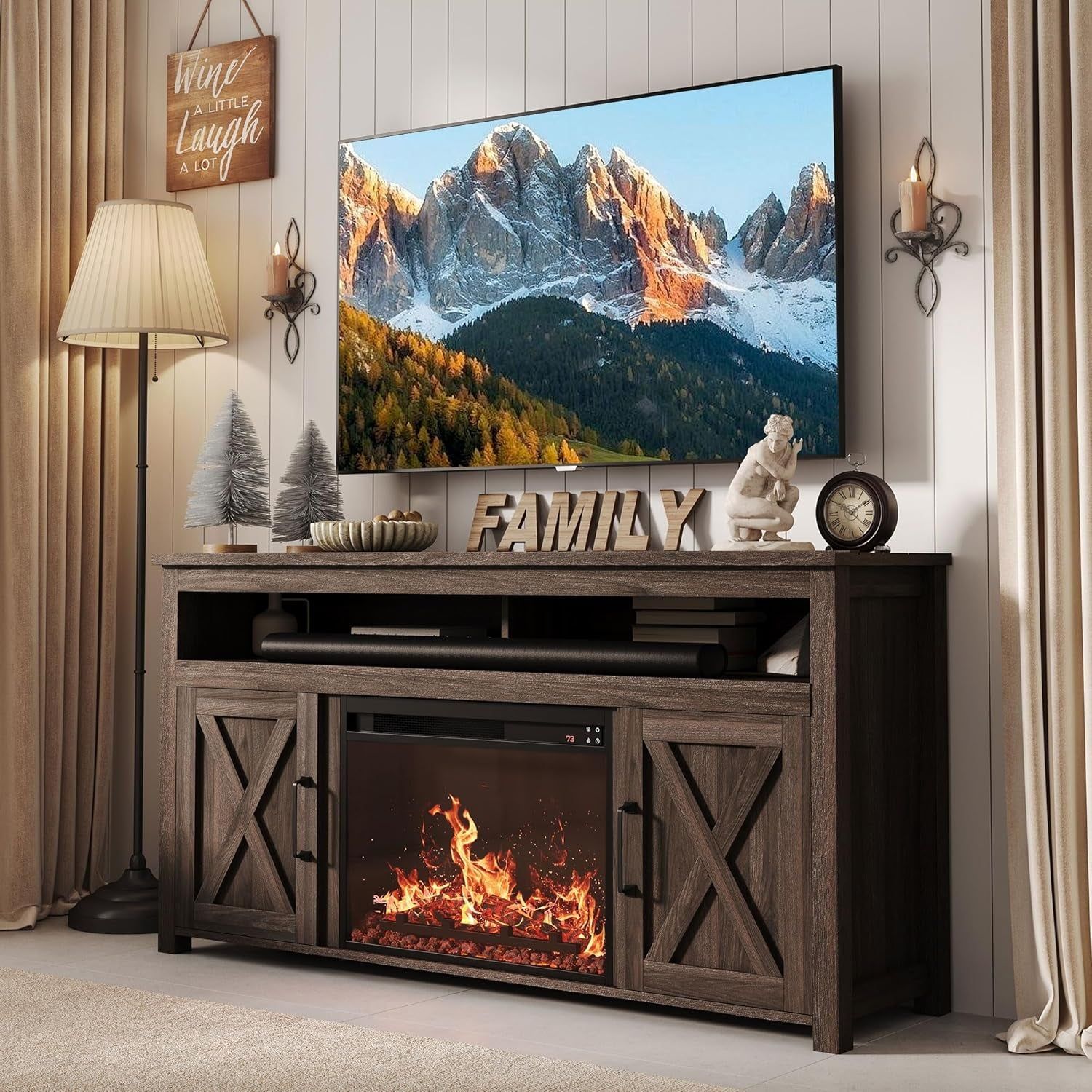 65&quot; Barn Door Fireplace TV Stand Dark Walnut