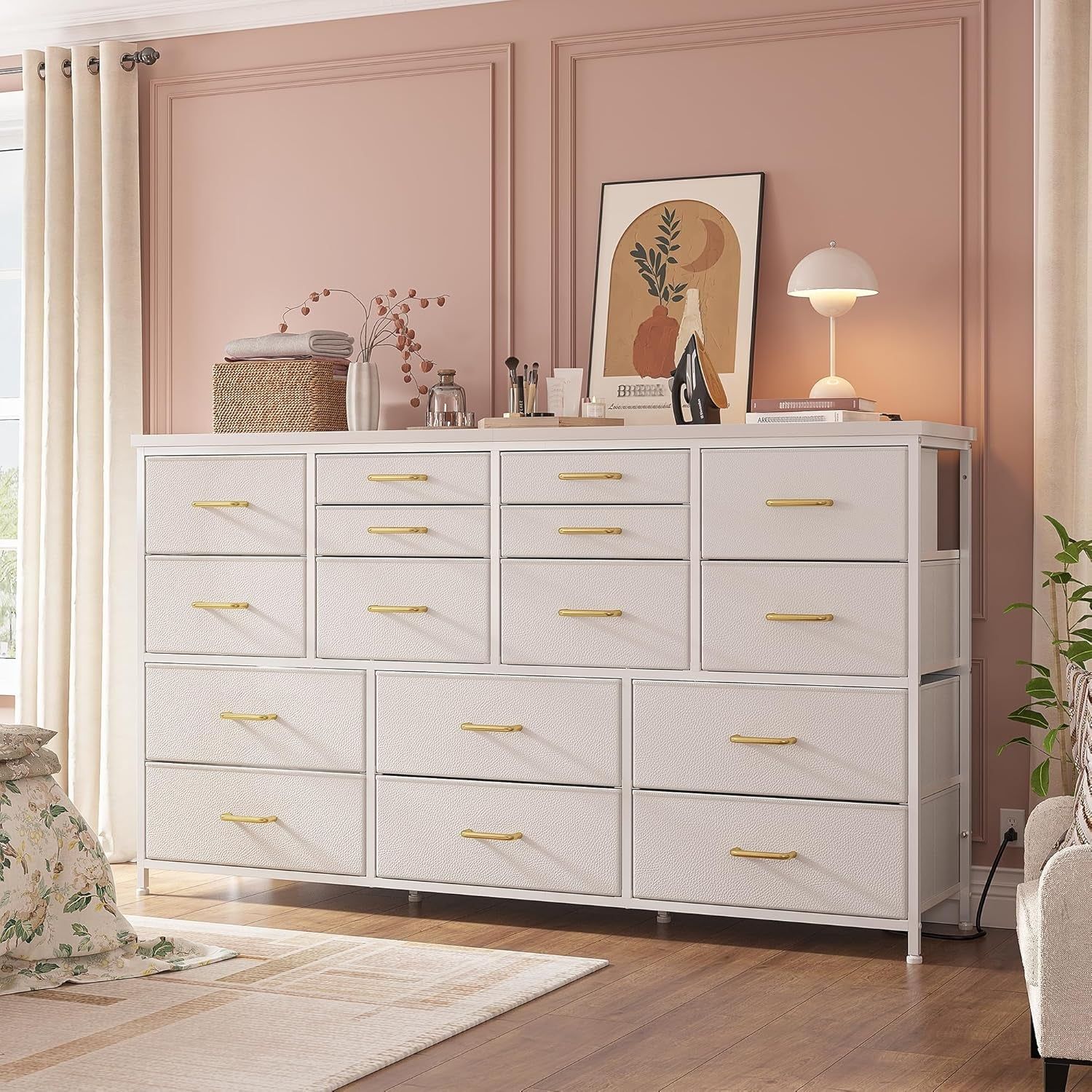 Dresser TV Stand with Power Outlet &amp; USB White Dresser for Bedroom with 16 Drawers TV Stands for Living Room TV Stand with Storage for Bedroom,Media TV Console Table 51.1&#39;&#39;W*11.8&#39;&#39;D*34.8&#39;&#39;H