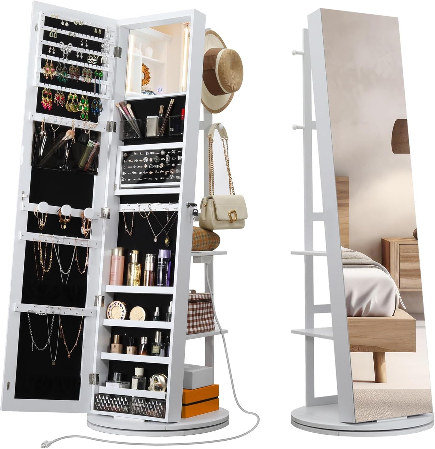 360° Swivel Mirrored Jewelry Cabinet with Full-Length Mirror, Charging Station, Lockable Standing Jewelry Organizer with Rear Storage Shelves, Interior Mirror, LED Lights, White