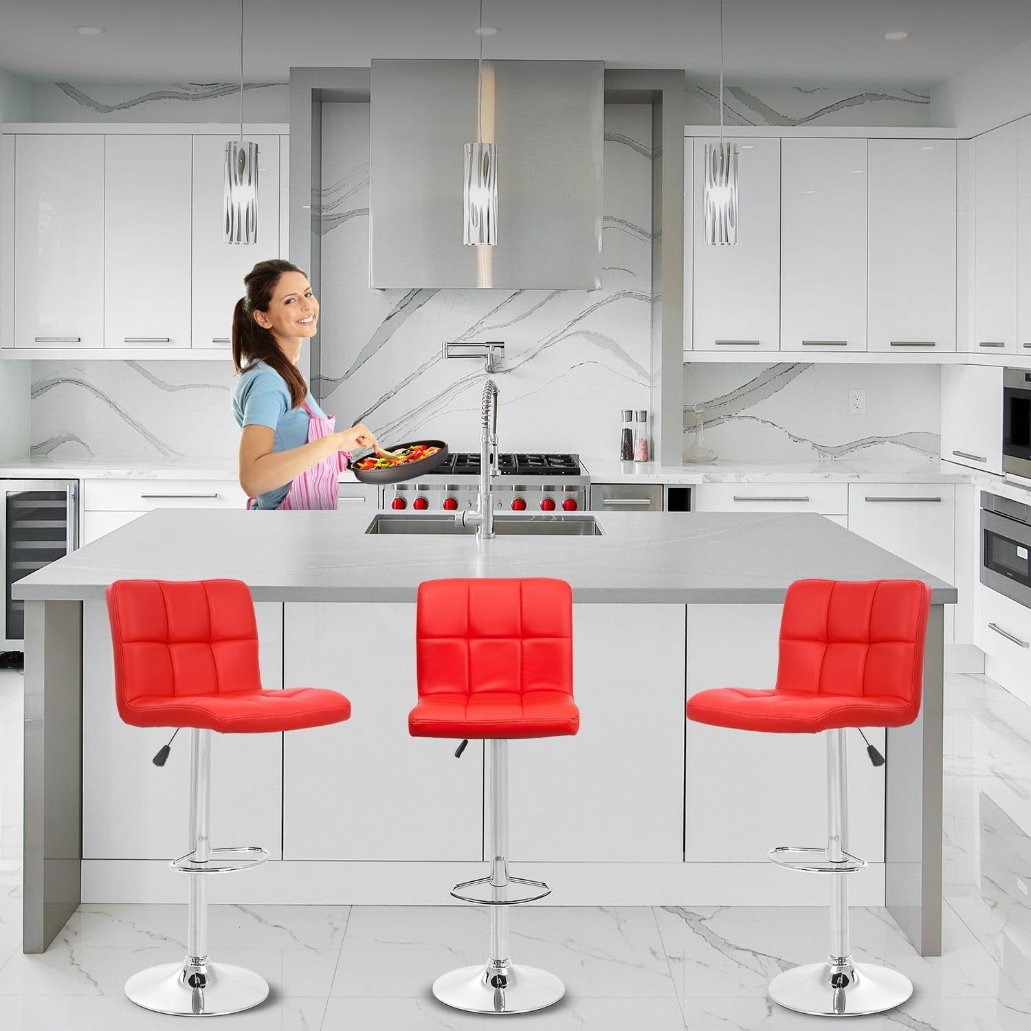 Red Adjustable Swivel Bar Stools (Set of 2)