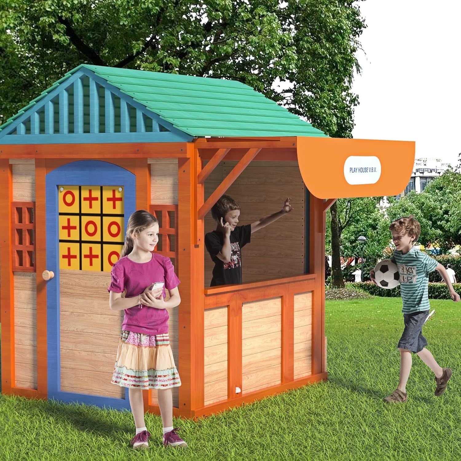 Wooden Cottage Playhouse with Awning, Ball Wall