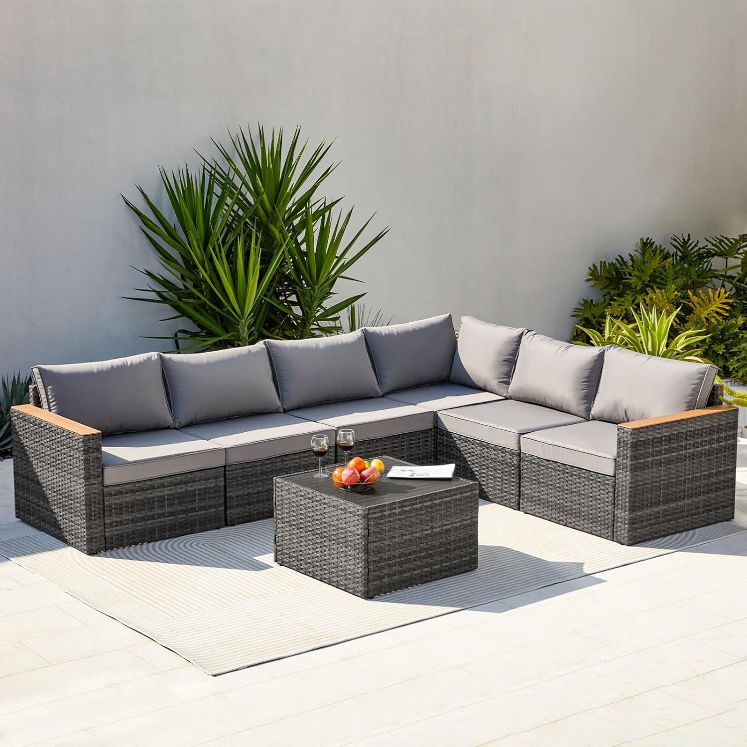 Patio Furniture Set 7 Pieces Outdoor Furniture Patio Conversation Sets with Cushions &amp; Pillows PE Ratten Wicker Sectional Sofa Chair with Coffee Table for outside Porch Poolside Deck